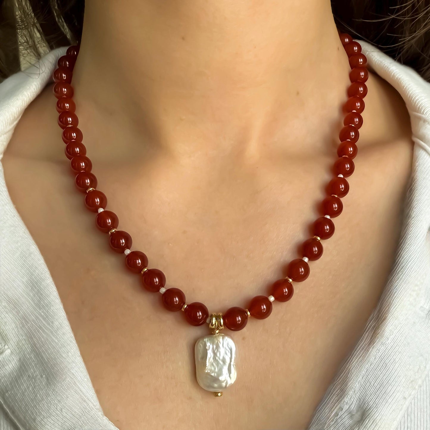 Red Carnelian & Baroque Pearl Necklace: Coastal Beaded Summer Jewelry