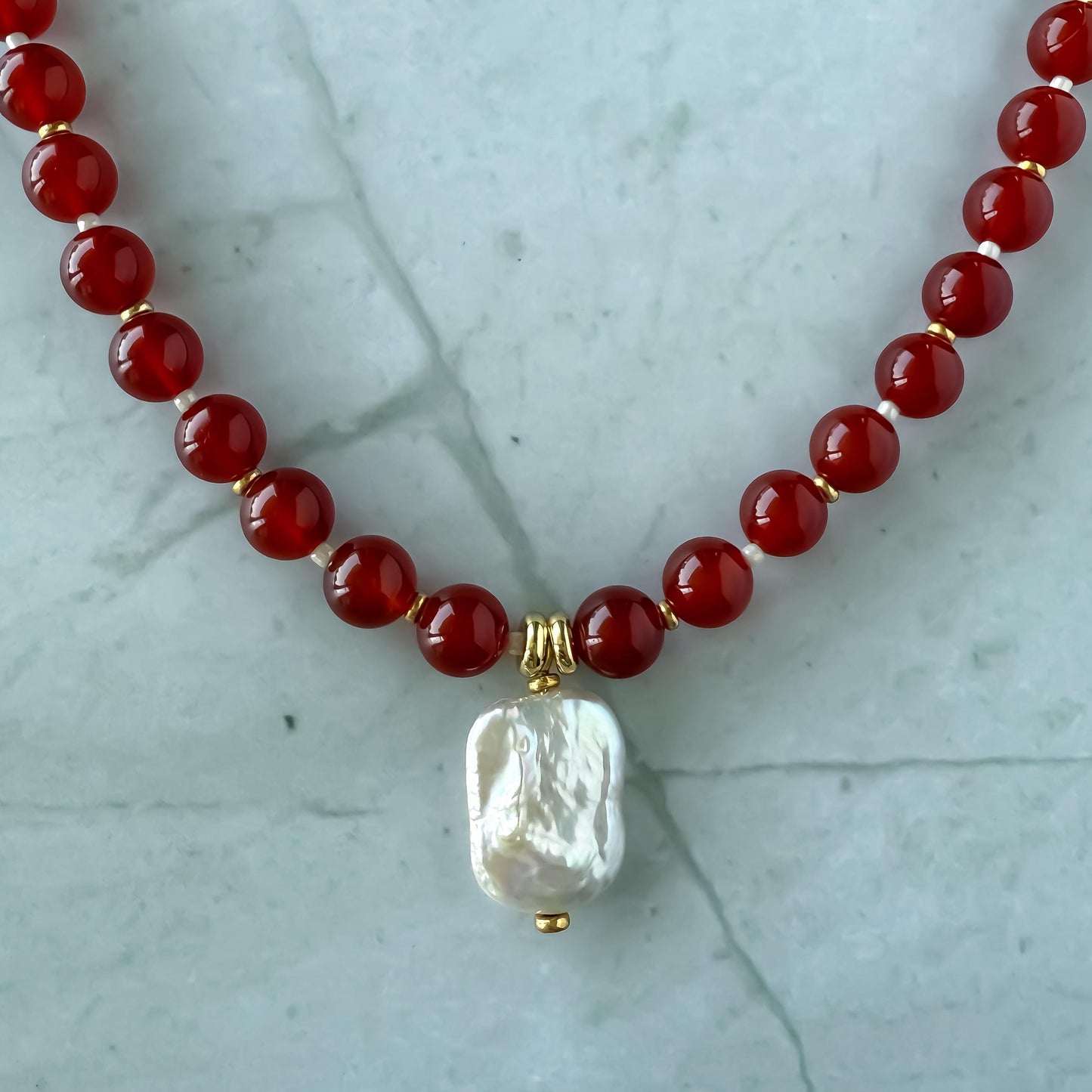 Red Carnelian & Baroque Pearl Necklace: Coastal Beaded Summer Jewelry