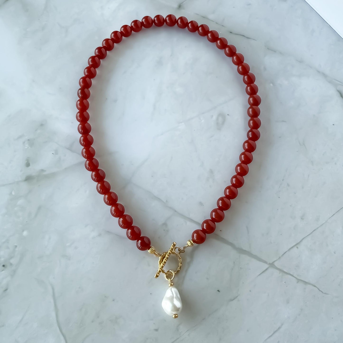 Red Carnelian & Baroque Pearl Necklace: Coastal Toggle Clasp Choker