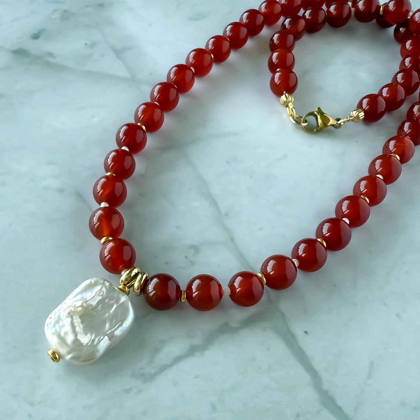 Red Carnelian & Baroque Pearl Necklace: Coastal Beaded Summer Jewelry