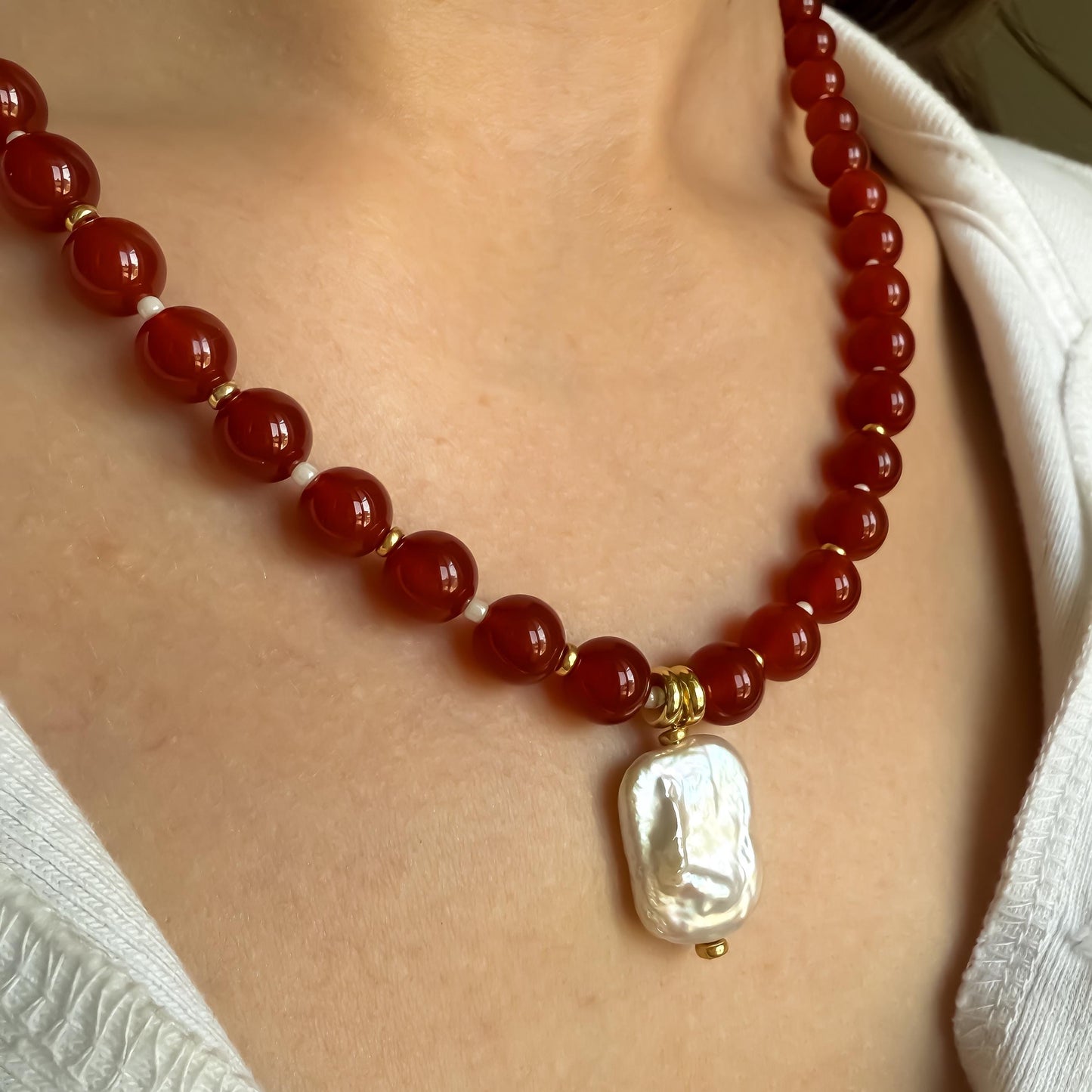 Red Carnelian & Baroque Pearl Necklace: Coastal Beaded Summer Jewelry