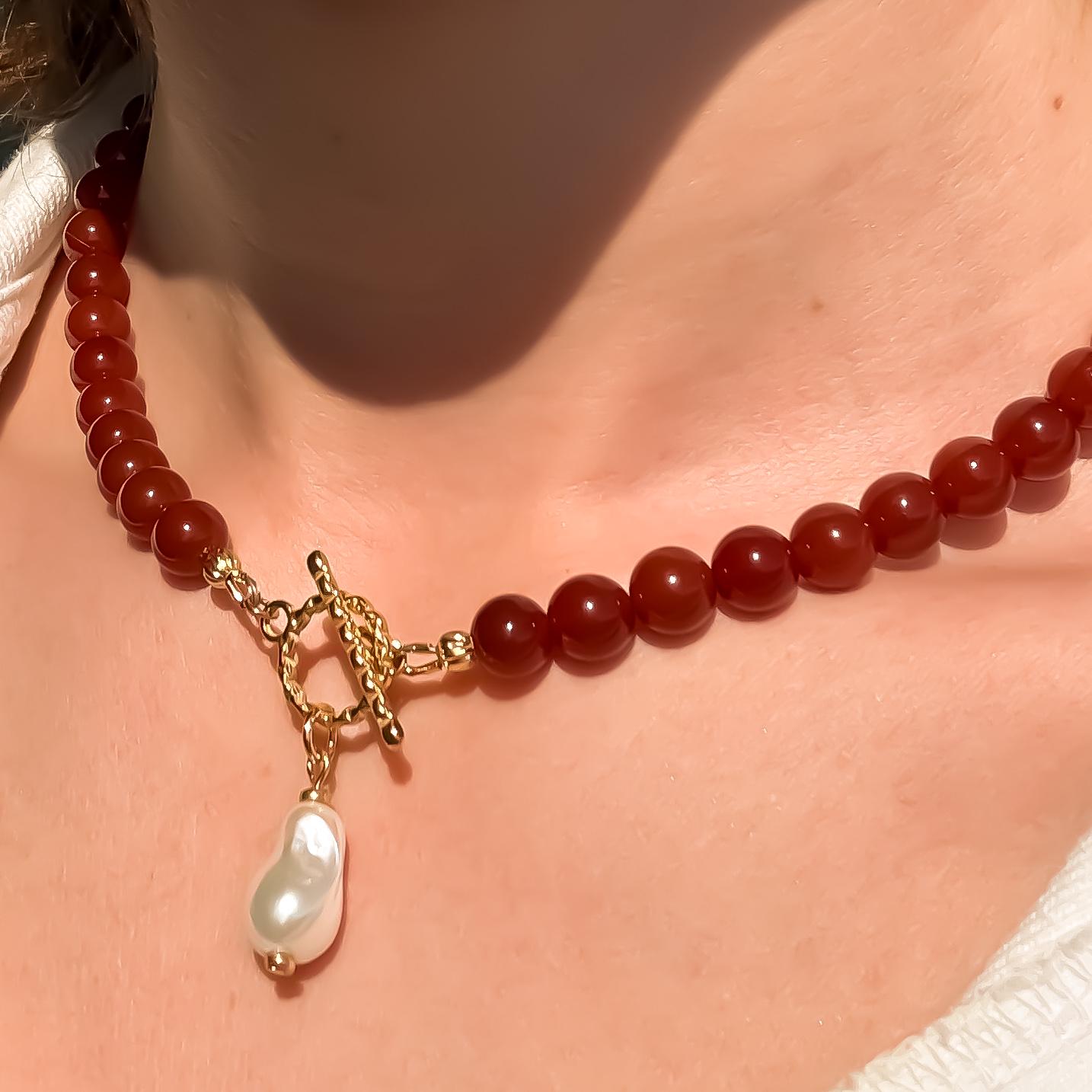 Red Carnelian & Baroque Pearl Necklace: Coastal Toggle Clasp Choker