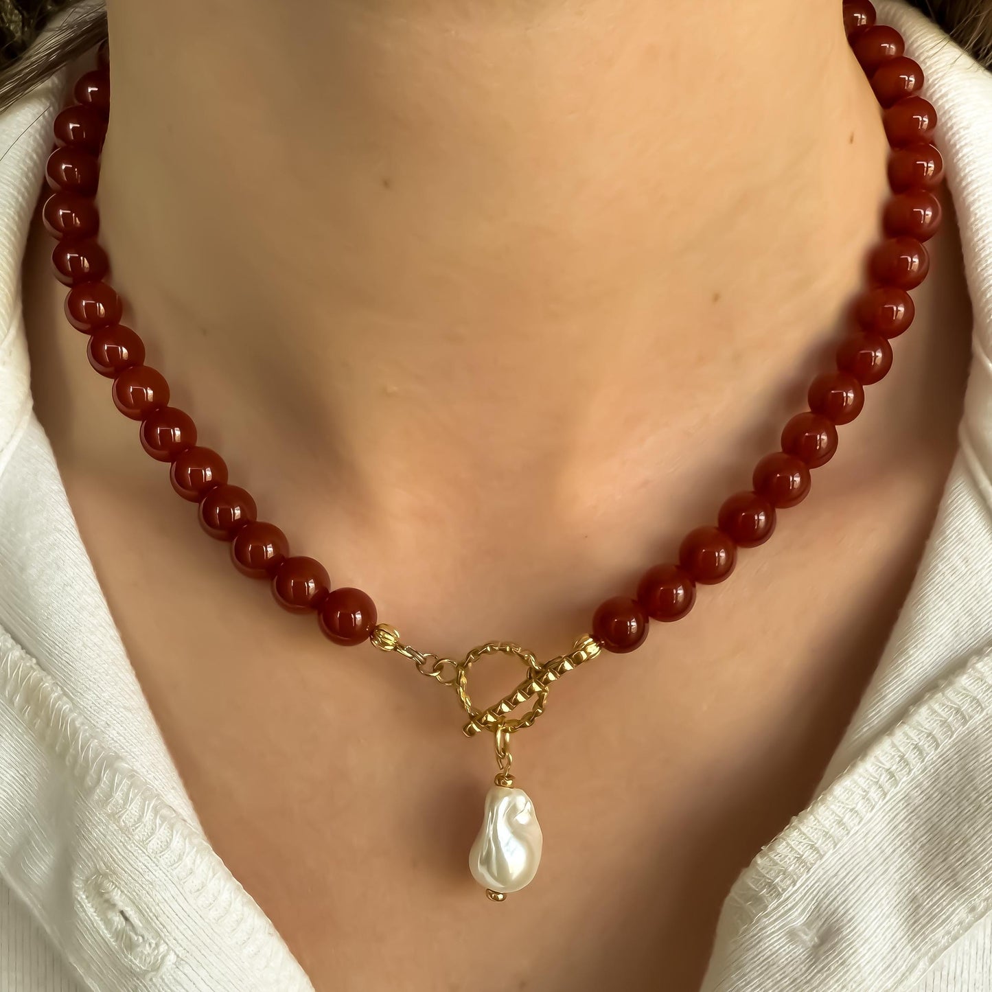 Red Carnelian & Baroque Pearl Necklace: Coastal Toggle Clasp Choker