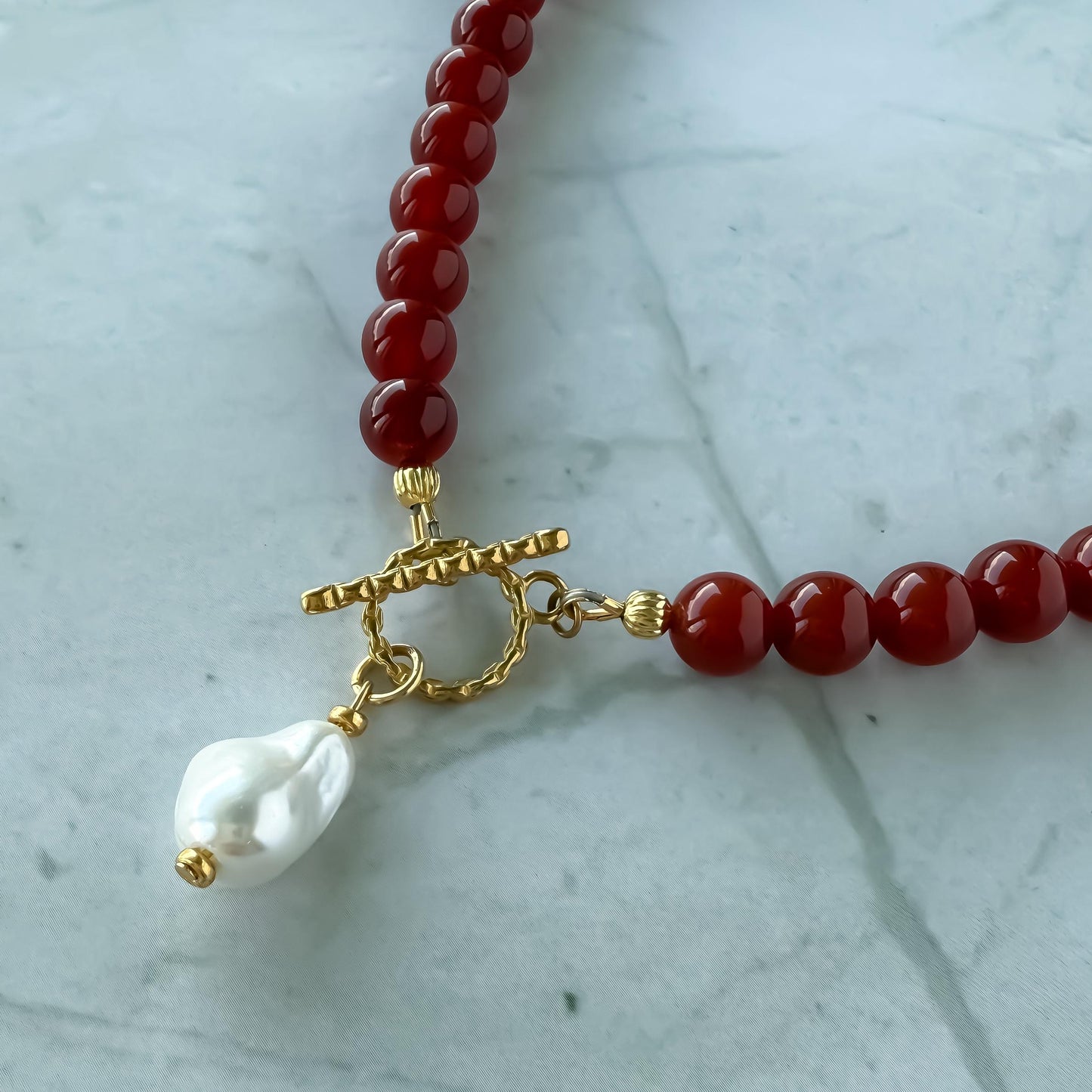 Red Carnelian & Baroque Pearl Necklace: Coastal Toggle Clasp Choker