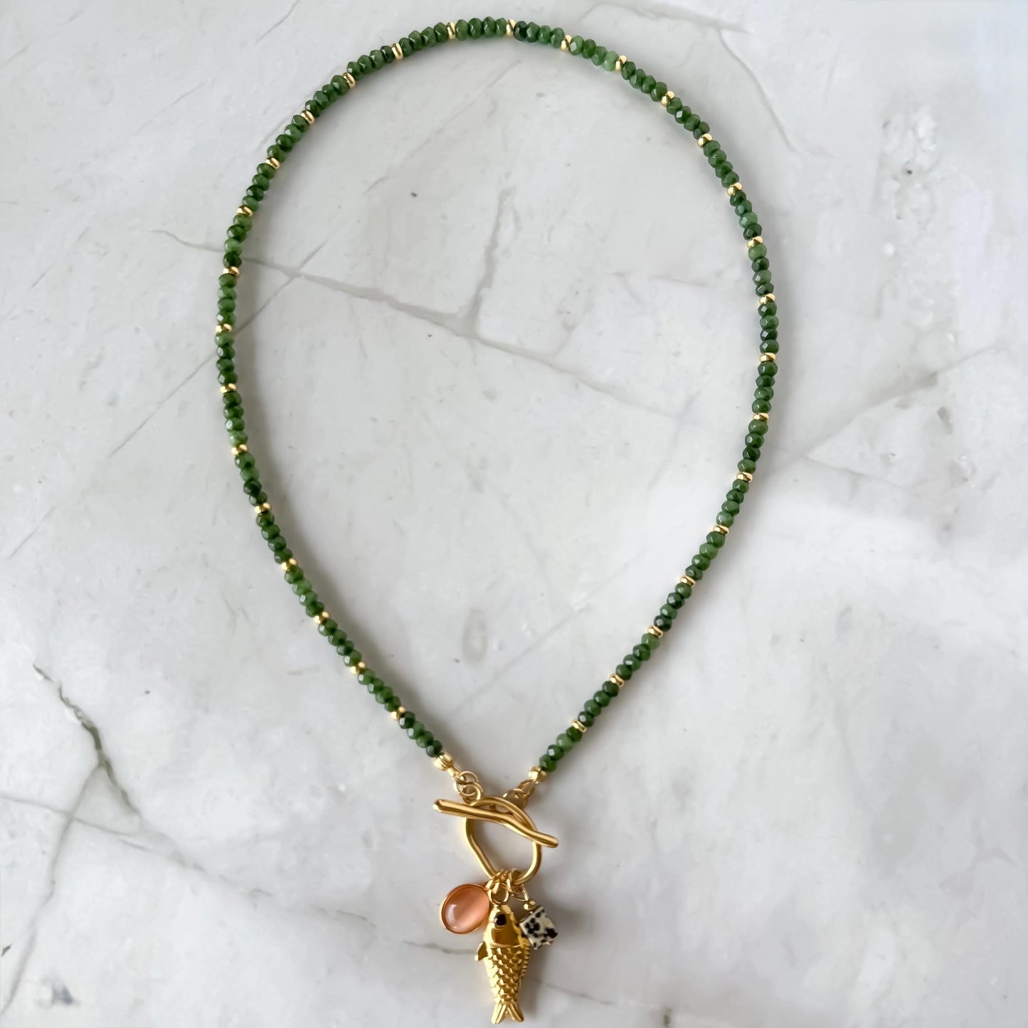 Green Quartz Charm Necklace – Italian Sardine Fish Charm, Chalcedony Abacus Beads, Toggle Clasp, Coastal Boho Revival Crystal Jewelry