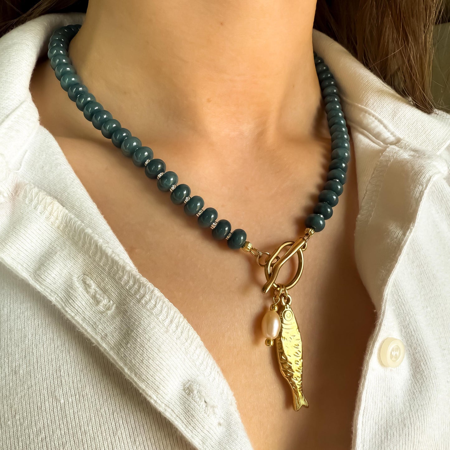 Blue Jade Beaded Necklace: Sardine Fish Charm, Freshwater Pearl