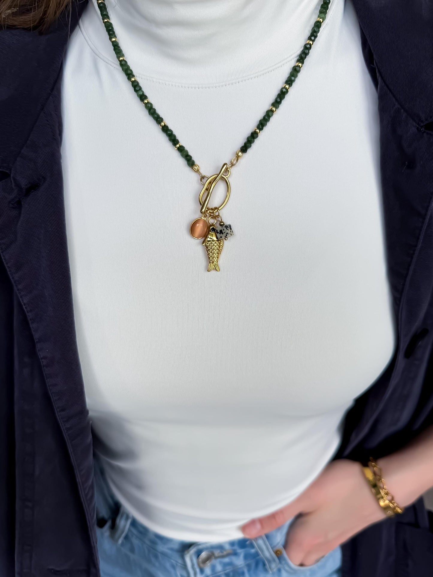 Green Quartz Charm Necklace – Italian Sardine Fish Charm, Chalcedony Abacus Beads, Toggle Clasp, Coastal Boho Revival Crystal Jewelry