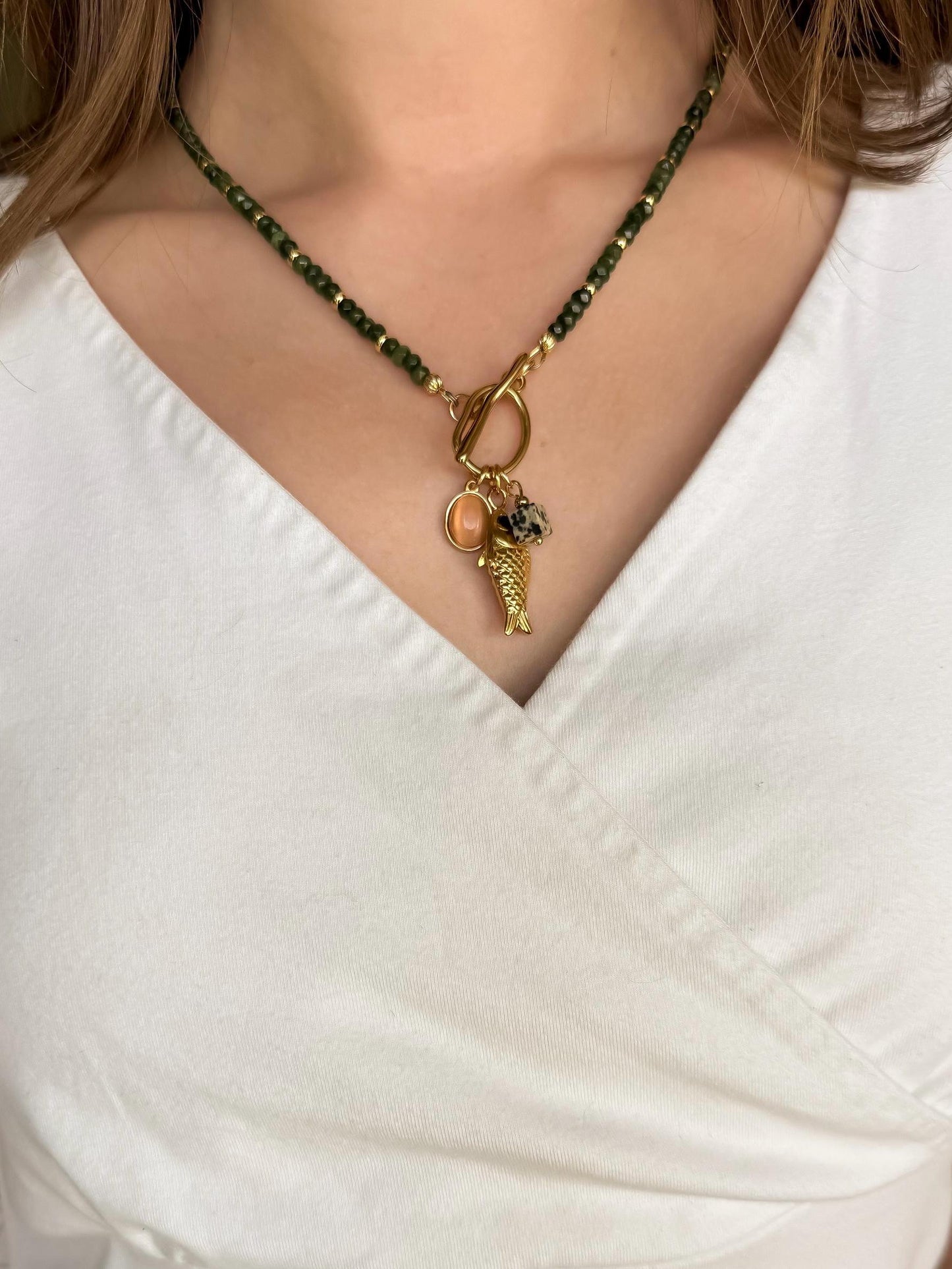 Green Quartz Charm Necklace – Italian Sardine Fish Charm, Chalcedony Abacus Beads, Toggle Clasp, Coastal Boho Revival Crystal Jewelry
