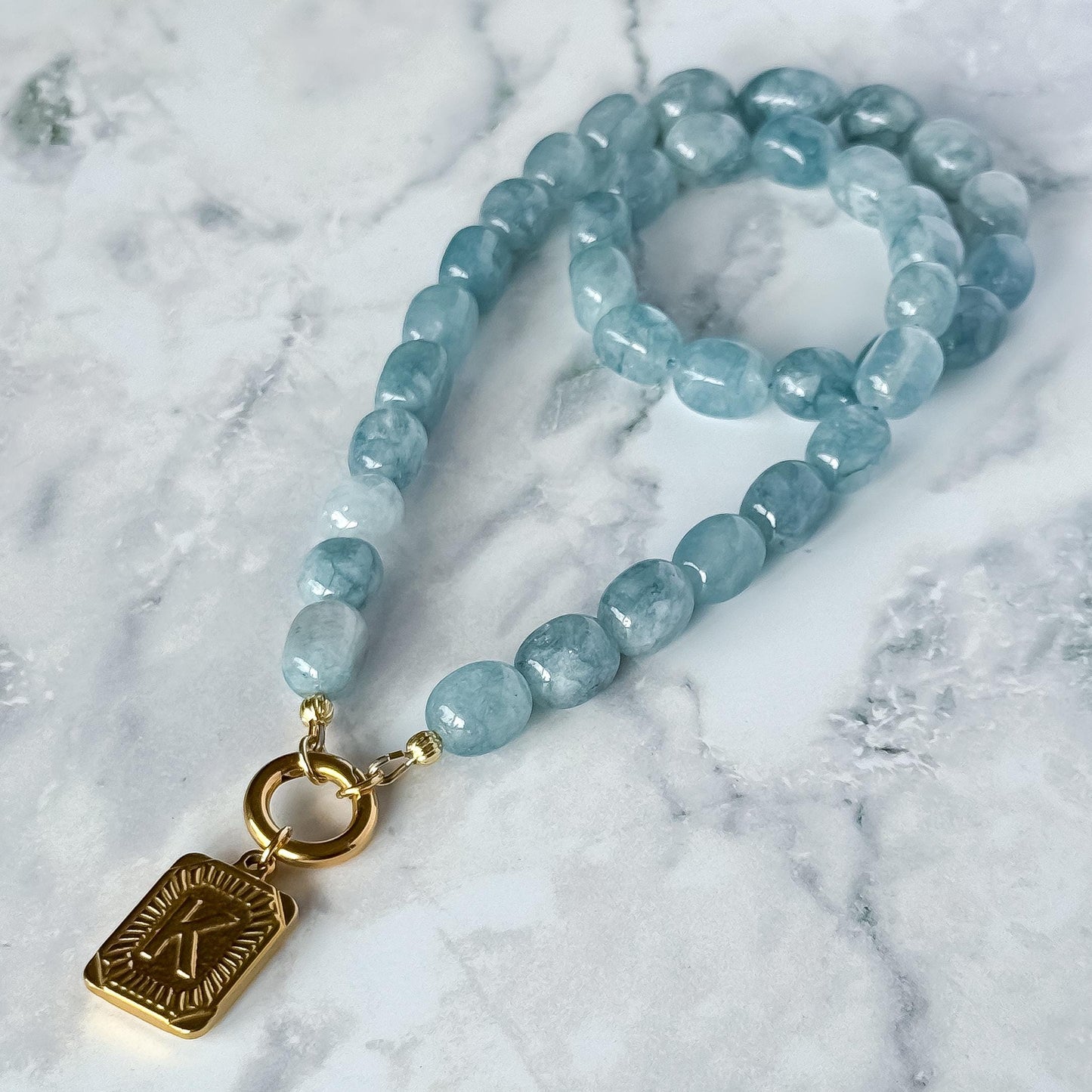 Custom Initial Beaded Necklace – Blue Aquamarine Agate Beads with Gold Vintage Letter Pendant