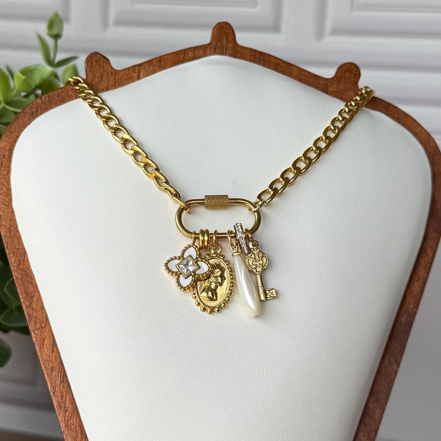 18k Gold Filled Vintage Inspired Gold Charm Necklace: Cameo, Clover, Pearl & Key