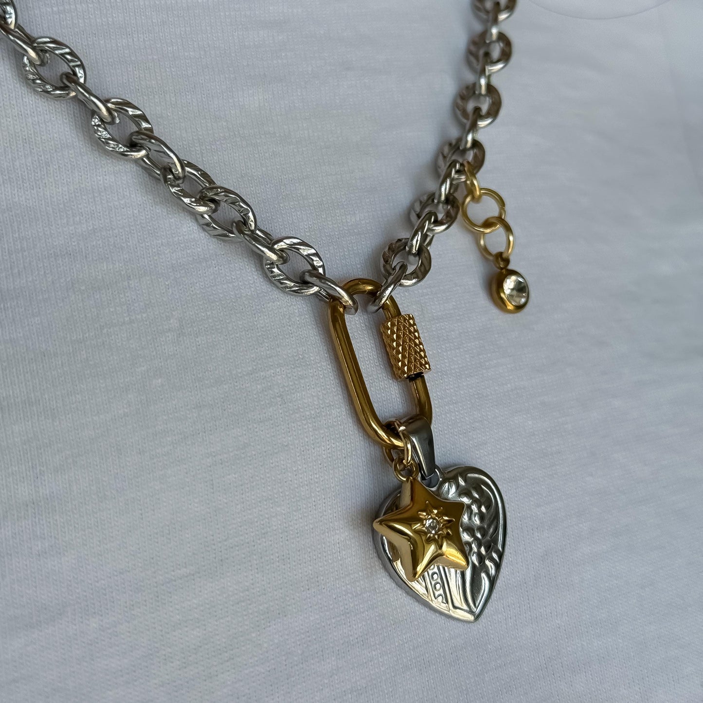 Mixed Metal Heart & Star Charm Necklace: Vintage-Style Stainless Steel