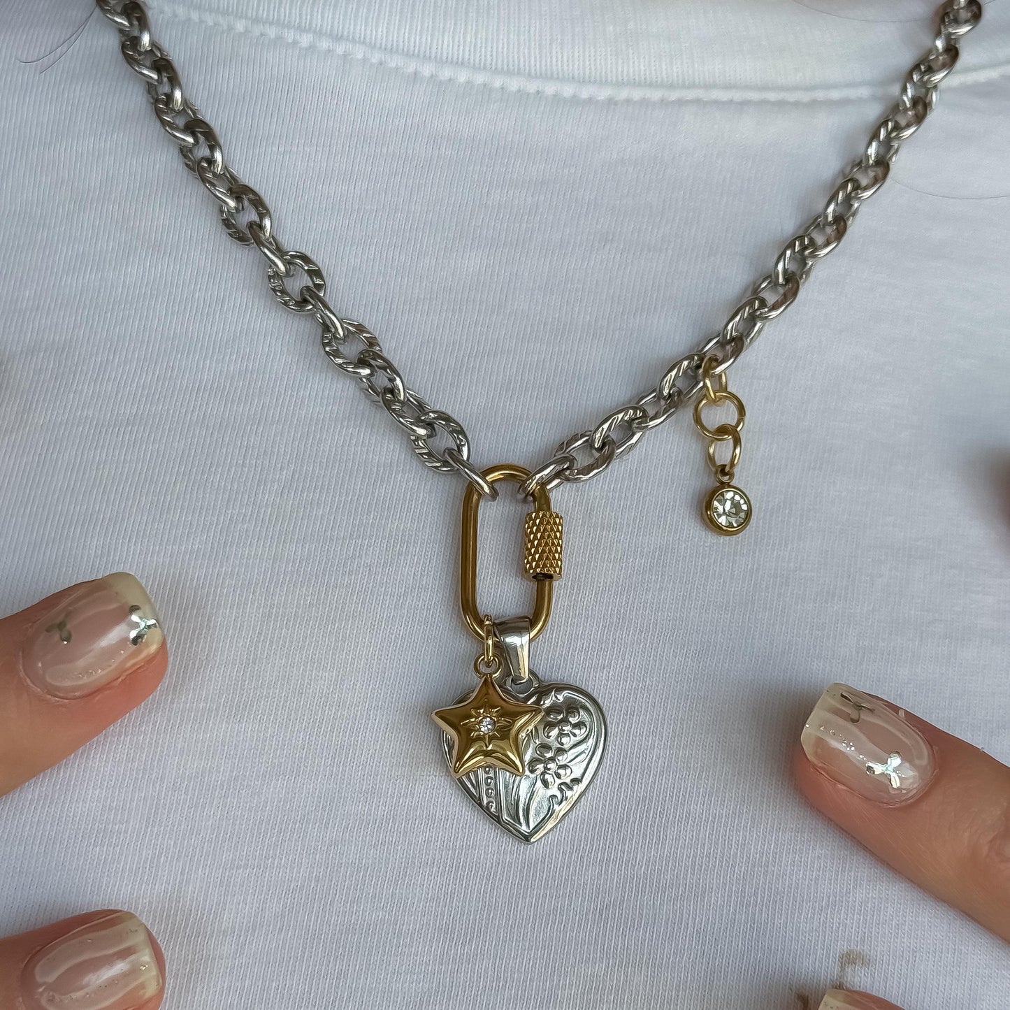 Mixed Metal Heart & Star Charm Necklace: Vintage-Style Stainless Steel