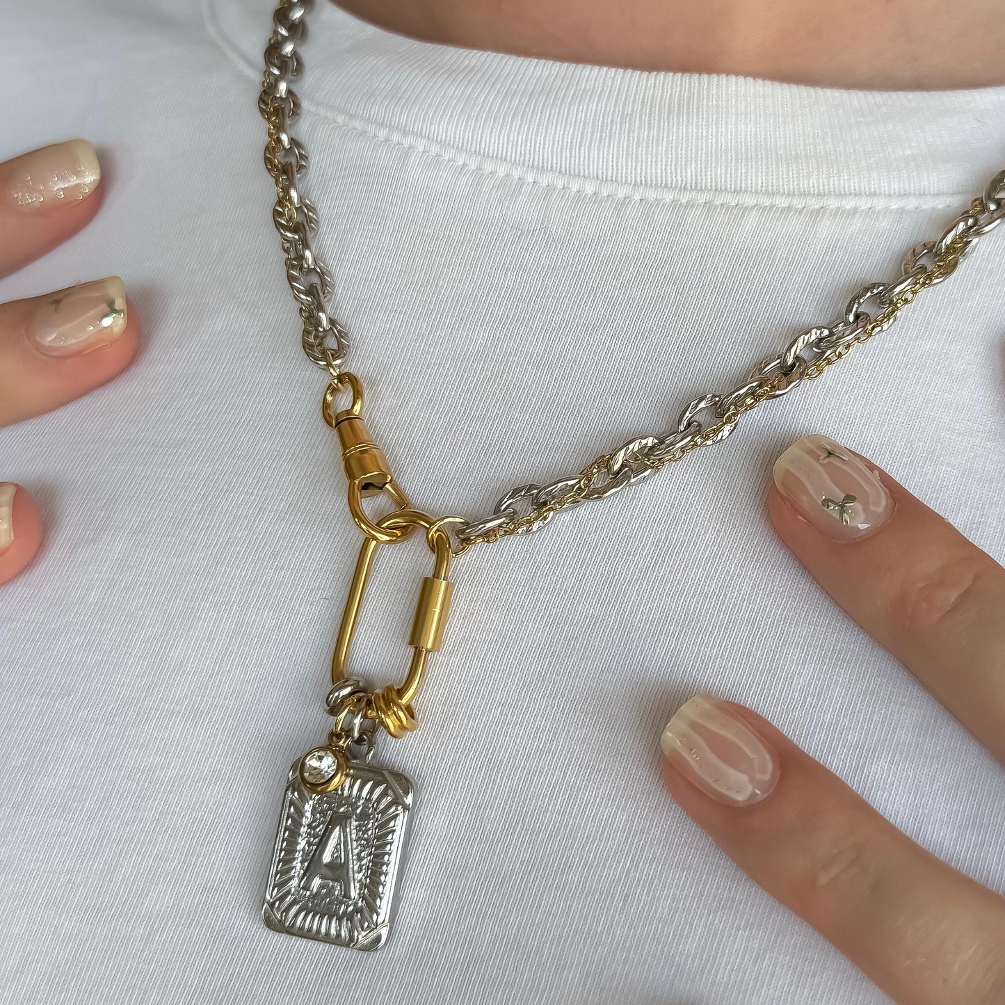 Mixed Metal Initial Necklace – Two-Tone Stainless Steel Chain with Carabiner, CZ Crystal & Letter Pendant