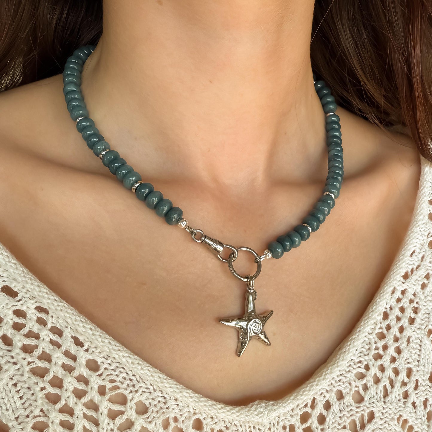 Blue Jade Star Charm Necklace: Coastal Gemstone Jewelry with Silver Details