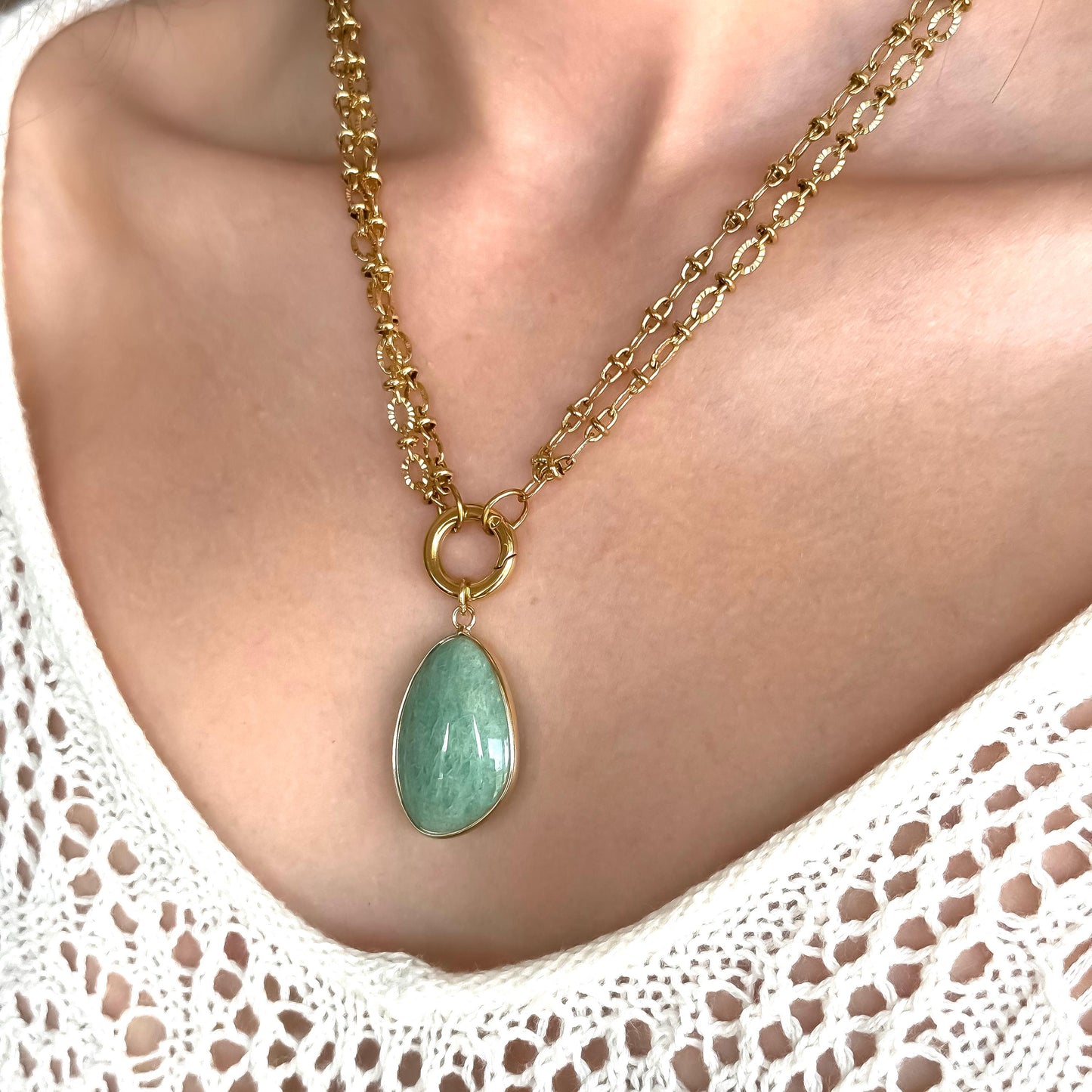 Amazonite Pendant Necklace: Seafoam Green Gemstone Pendant, Double Layer Gold Cable Chain, Boho Jewelry