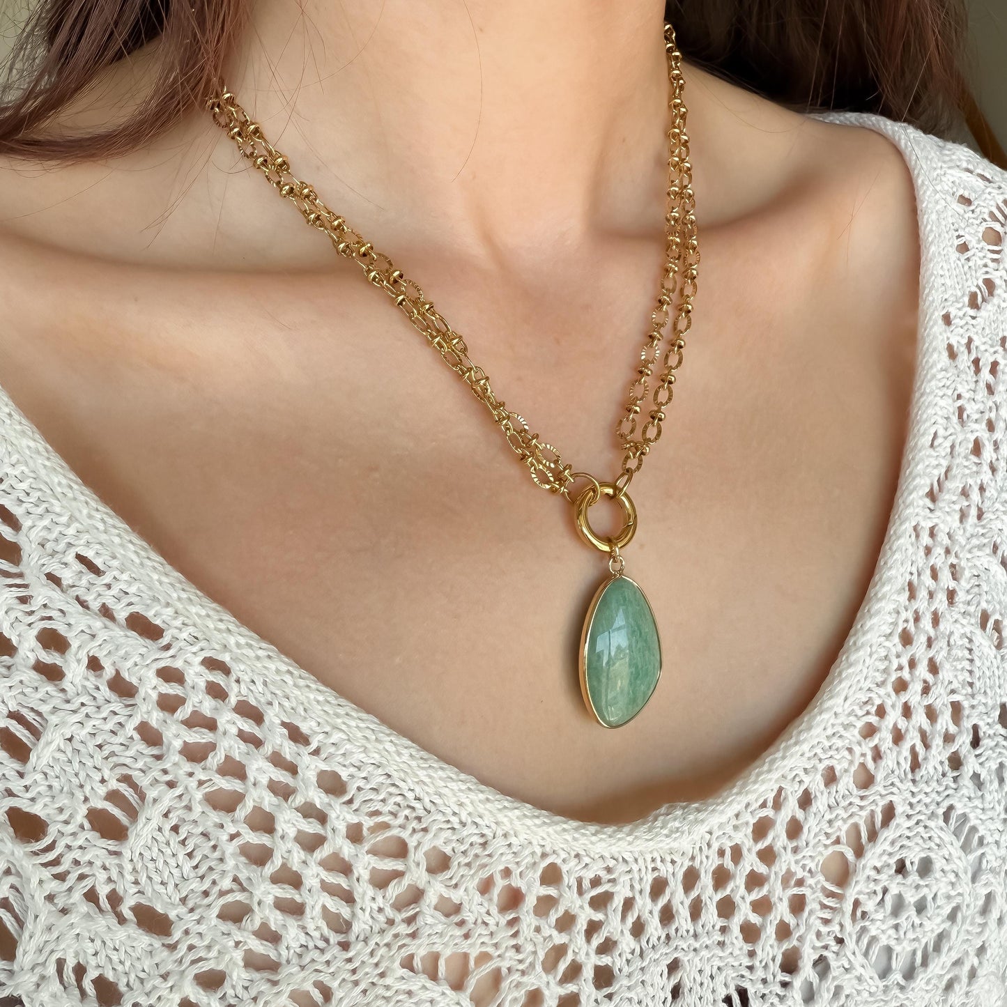 Amazonite Pendant Necklace: Seafoam Green Gemstone Pendant, Double Layer Gold Cable Chain, Boho Jewelry