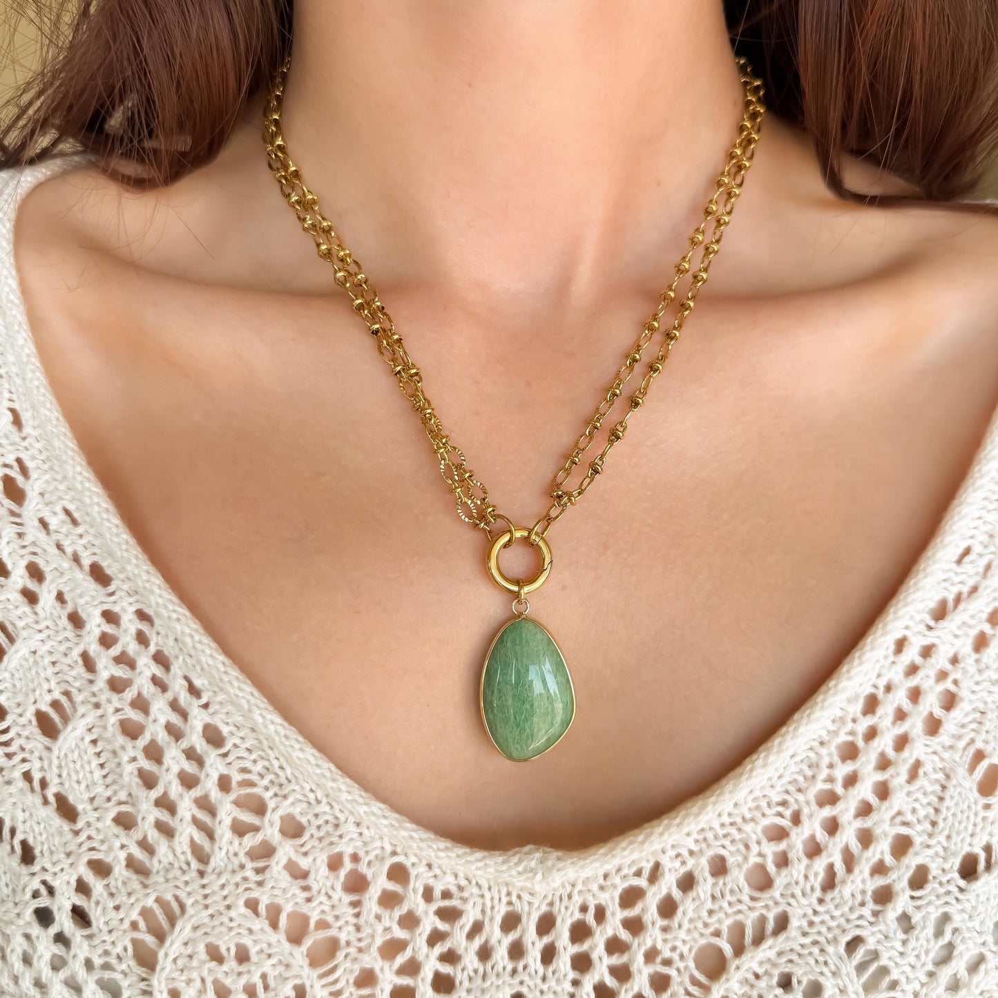 Amazonite Pendant Necklace: Seafoam Green Gemstone Pendant, Double Layer Gold Cable Chain, Boho Jewelry