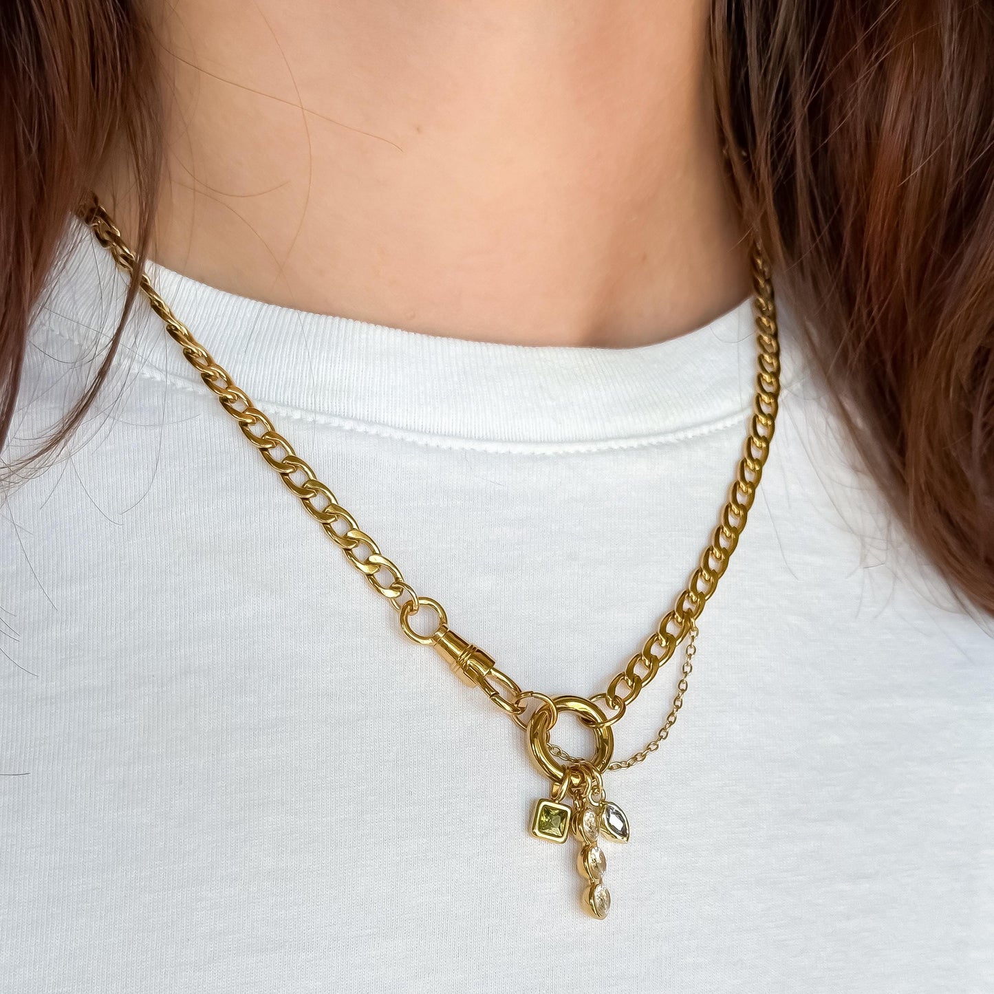 18k Gold Vintage-Style Charm Necklace – Gold Curb Chain with Green Gemstone, Purple Diamond & Crystal Trio Charms