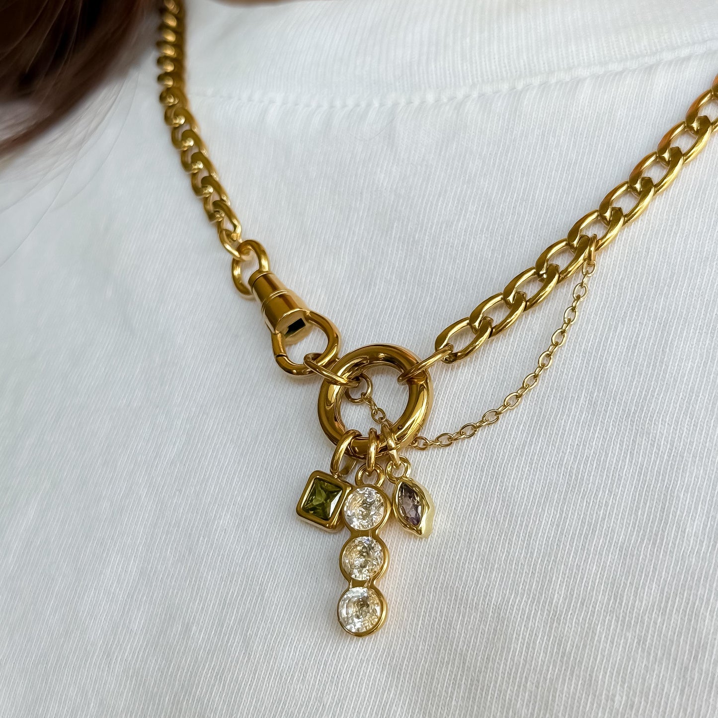 18k Gold Vintage-Style Charm Necklace – Gold Curb Chain with Green Gemstone, Purple Diamond & Crystal Trio Charms