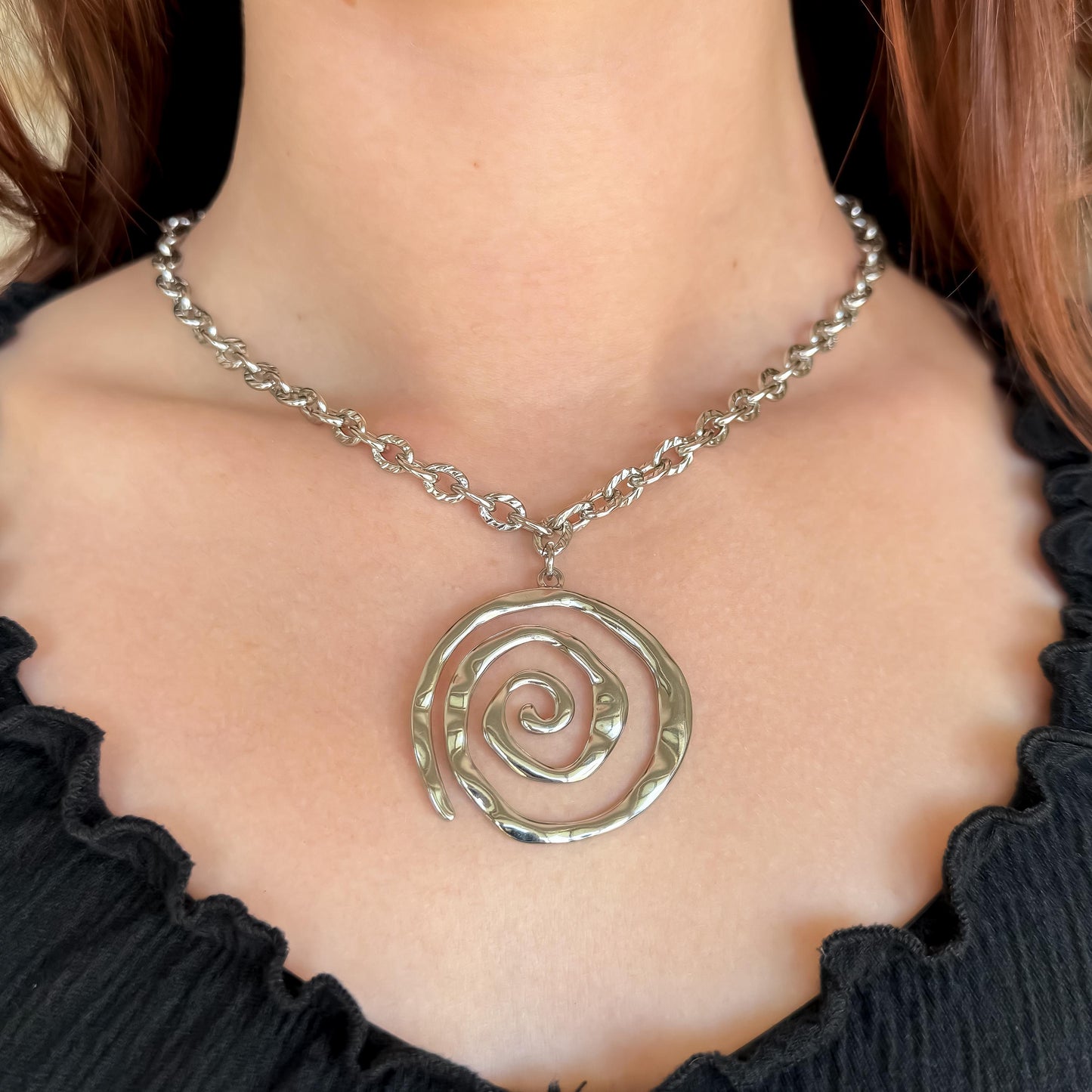 Swirl Pendant Necklace – Whimsical Silver Steel Hammered Statement Pendant