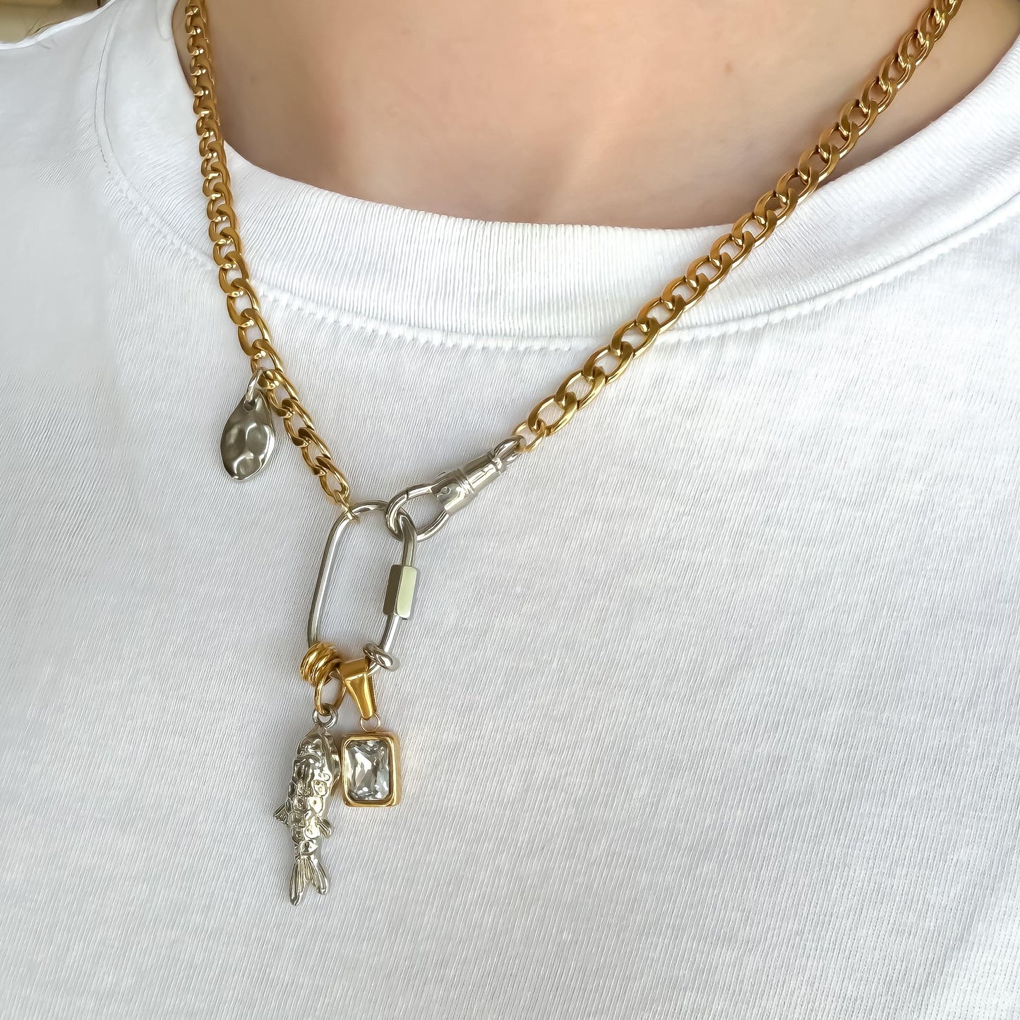Mixed Metal Charm Necklace – Two Tone Fish Charm, Gold Crystal Accent & Abstract Hammered Detail