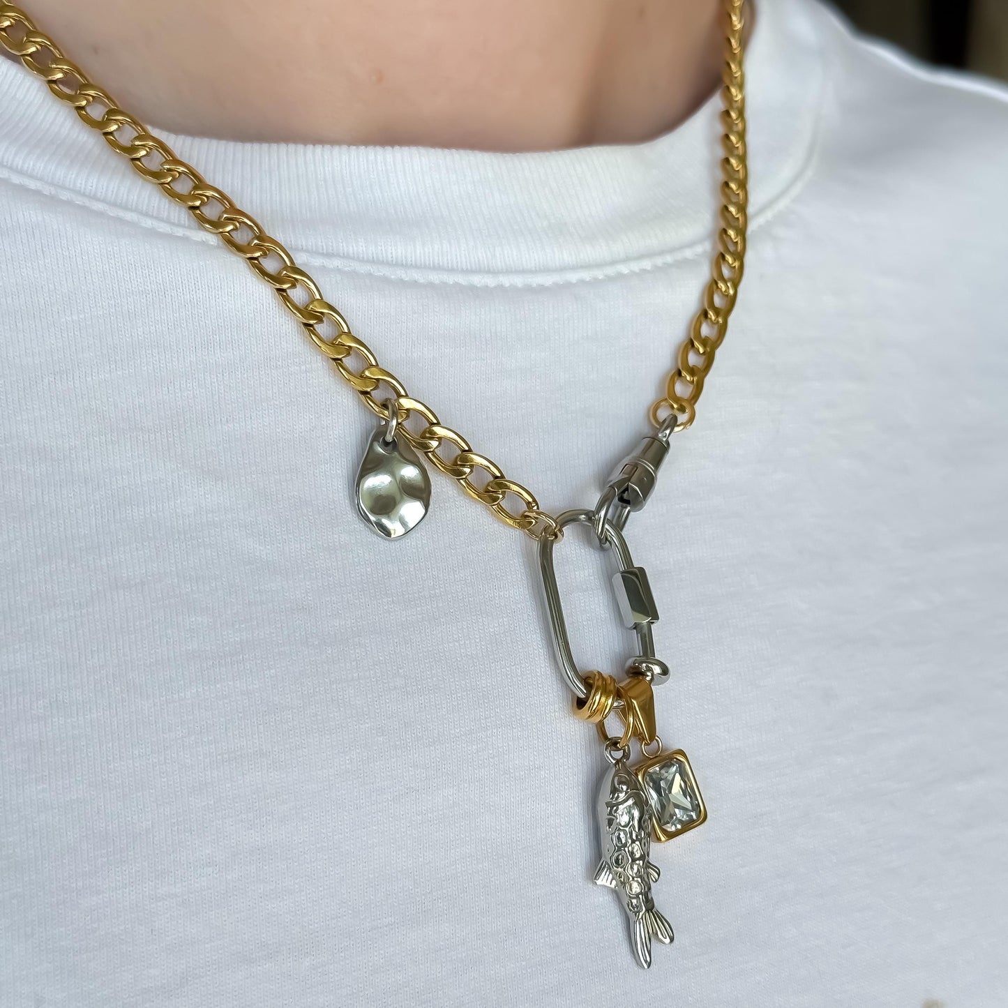 Mixed Metal Charm Necklace – Two Tone Fish Charm, Gold Crystal Accent & Abstract Hammered Detail
