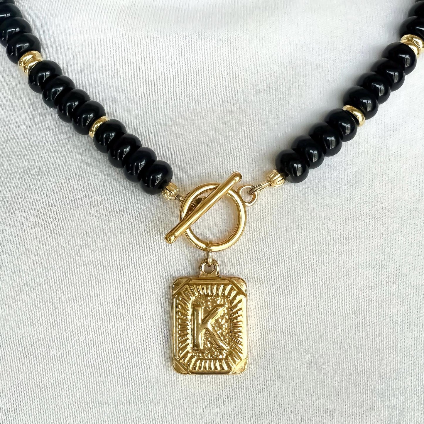 Dark Blue Beaded Initial Necklace – 18k Gold or Silver & Jade, Toggle Clasp Vintage Charm