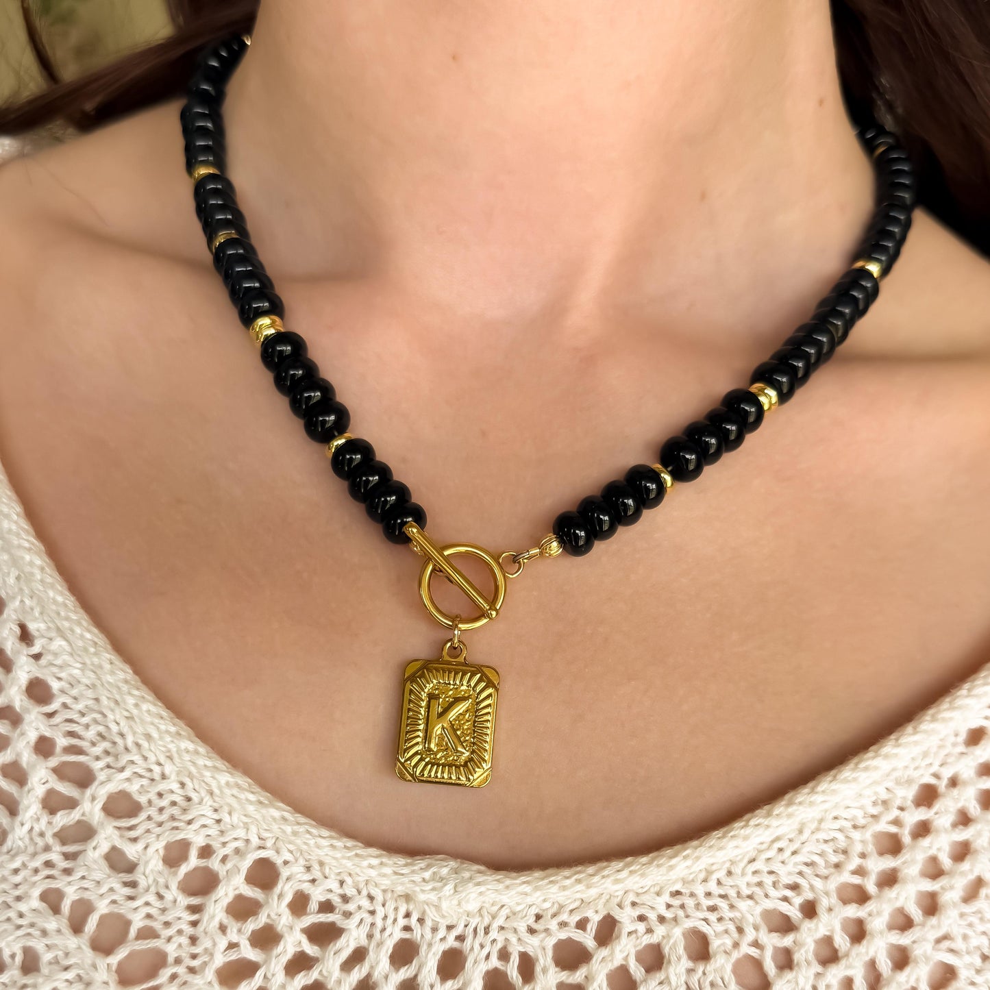 Dark Blue Beaded Initial Necklace – 18k Gold or Silver & Jade, Toggle Clasp Vintage Charm
