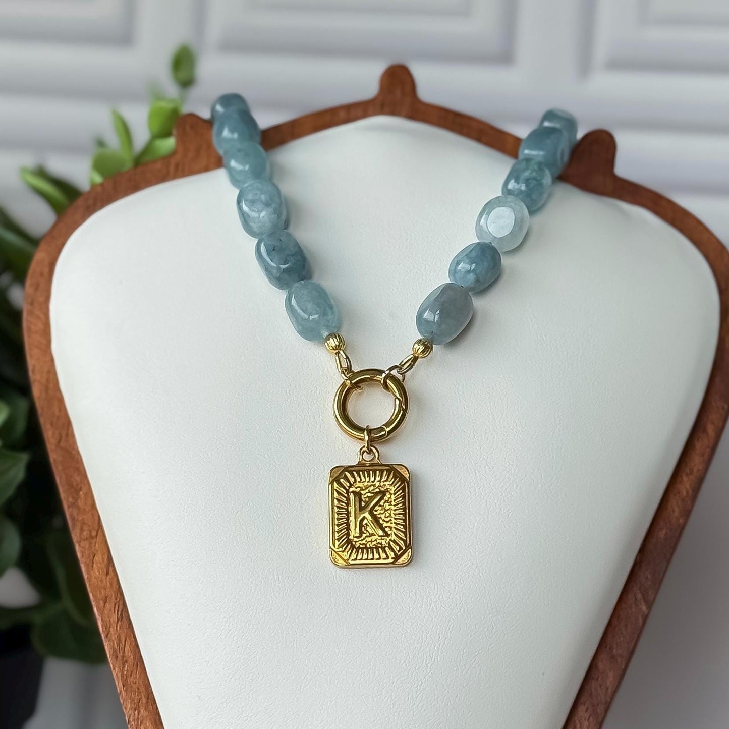 Custom Initial Beaded Necklace – Blue Aquamarine Agate Beads with Gold Vintage Letter Pendant