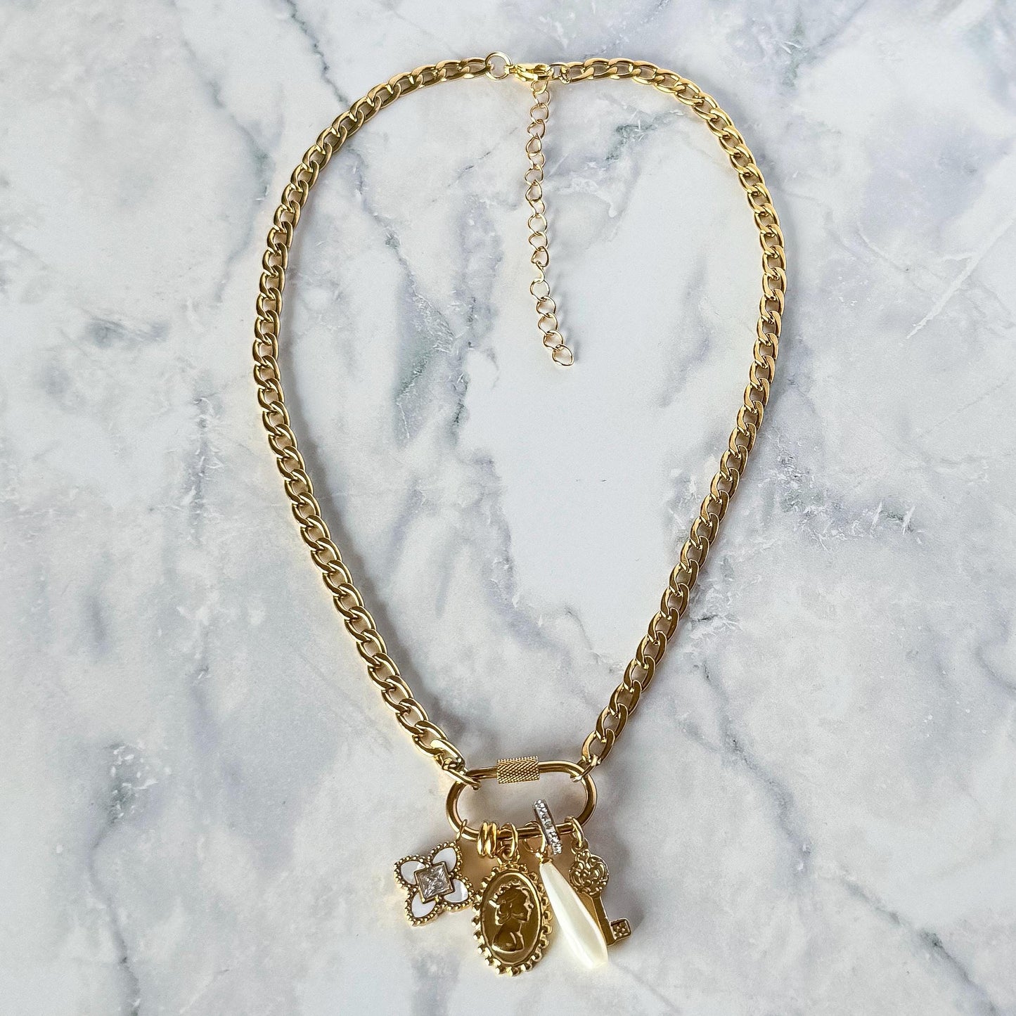 18k Gold Filled Vintage Inspired Gold Charm Necklace: Cameo, Clover, Pearl & Key
