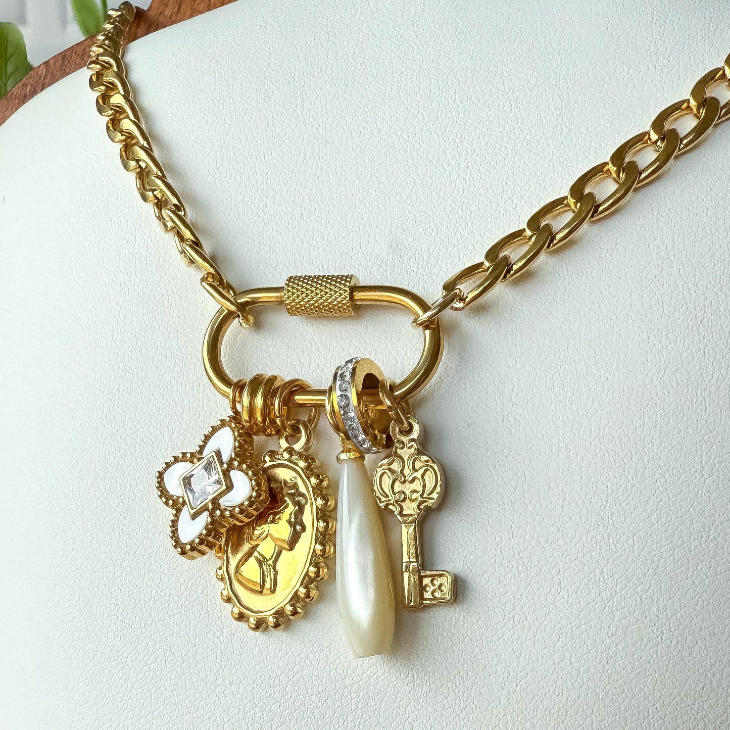 18k Gold Filled Vintage Inspired Gold Charm Necklace: Cameo, Clover, Pearl & Key