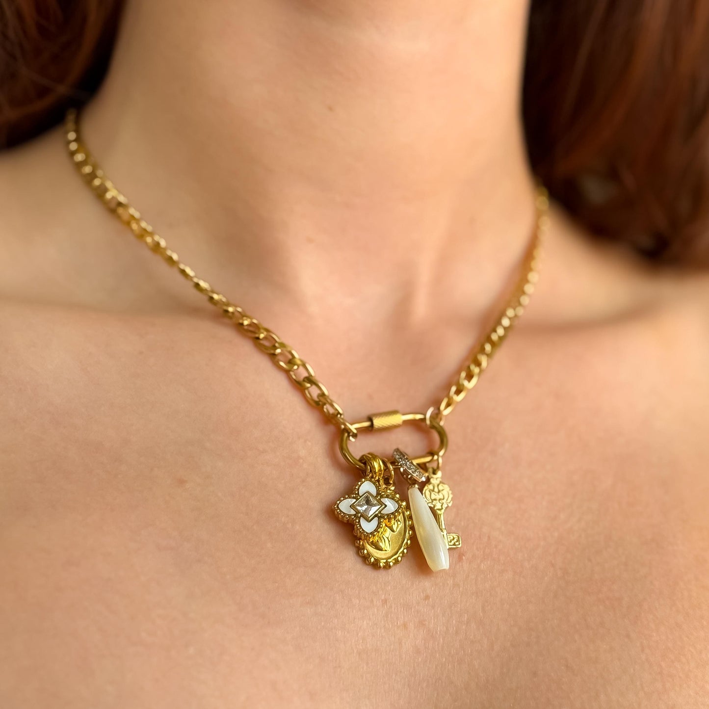 18k Gold Filled Vintage Inspired Gold Charm Necklace: Cameo, Clover, Pearl & Key