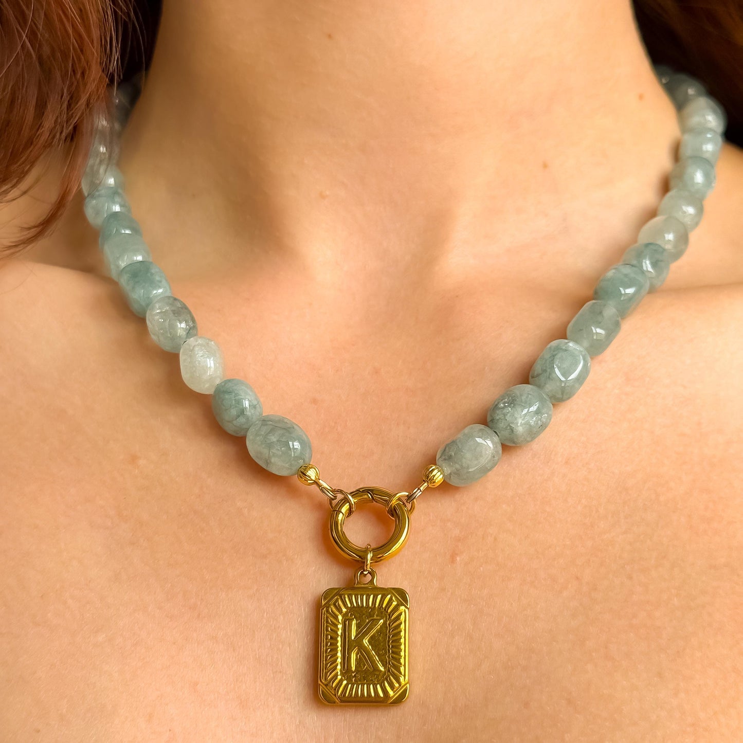 Custom Initial Beaded Necklace – Blue Aquamarine Agate Beads with Gold Vintage Letter Pendant
