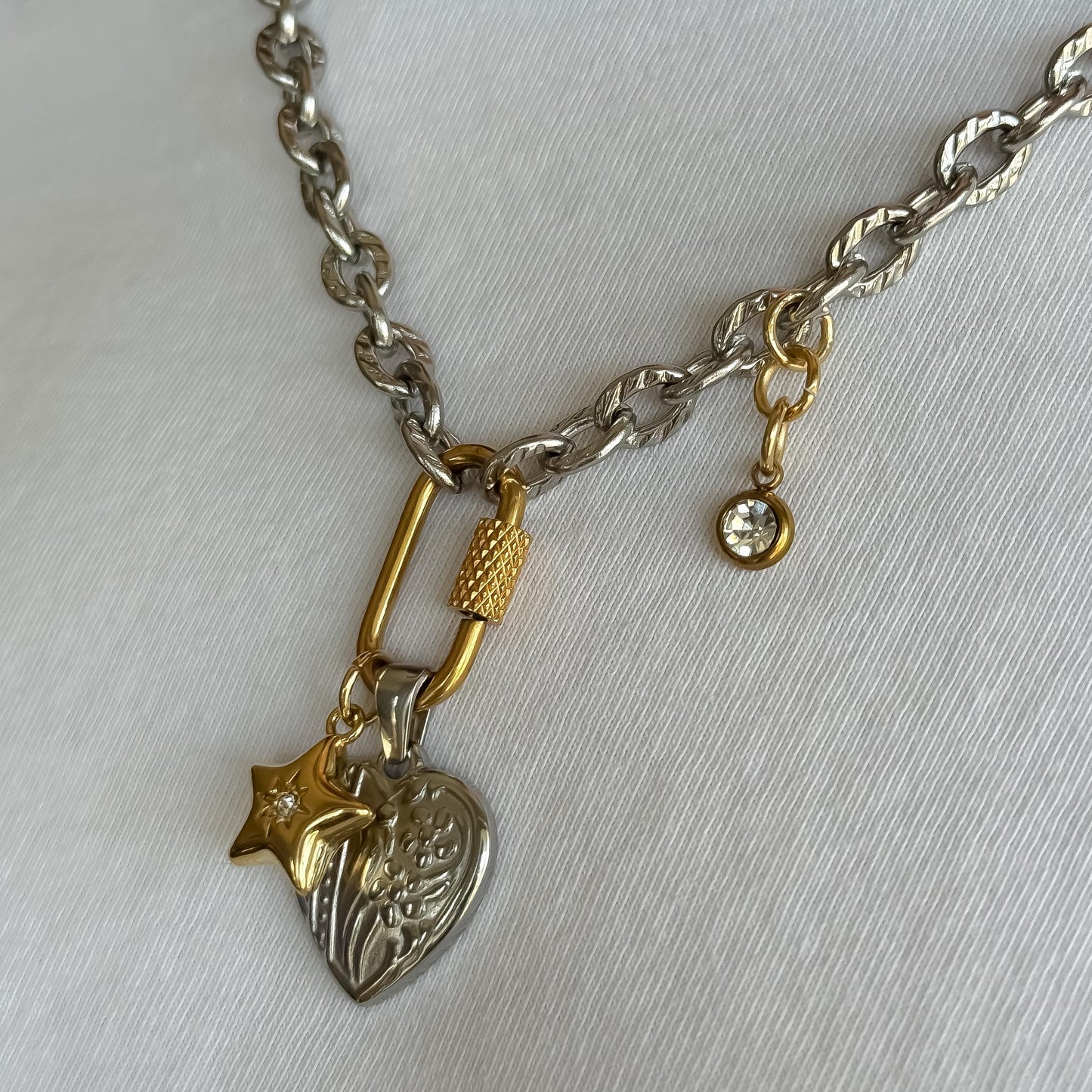 Mixed Metal Heart & Star Charm Necklace: Vintage-Style Stainless Steel