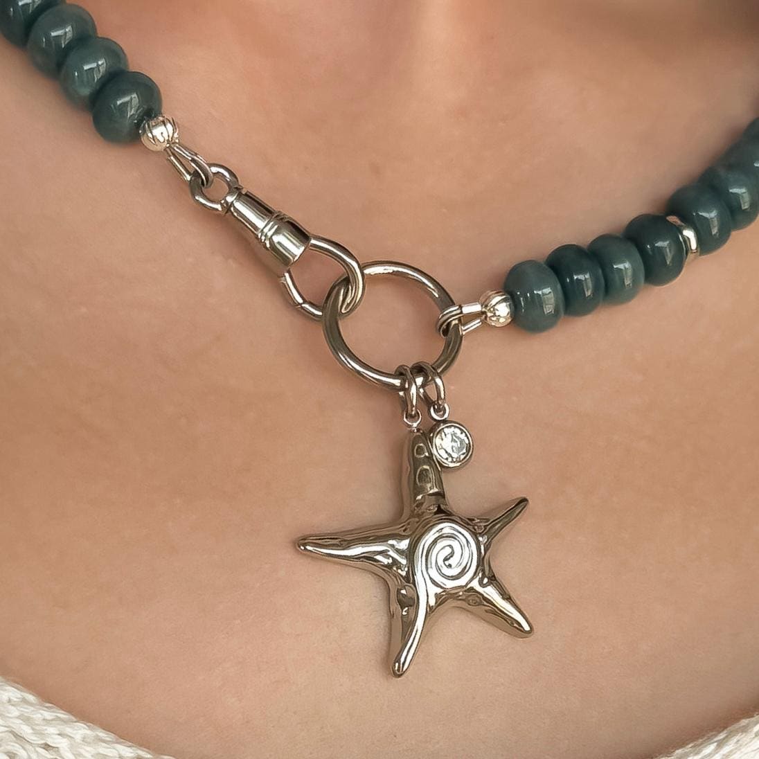Blue Jade Star Charm Necklace: Coastal Gemstone Jewelry with Silver Details