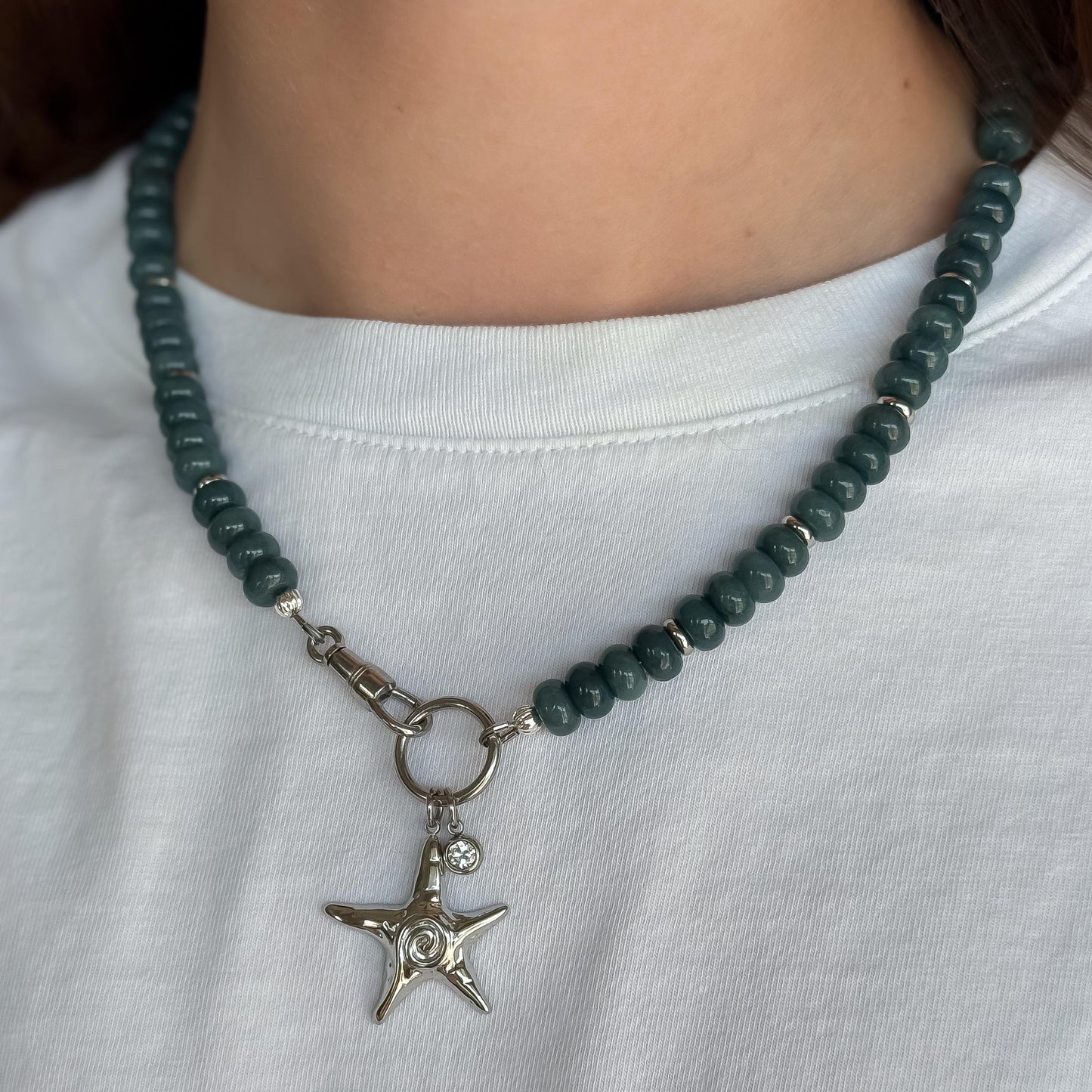 Blue Jade Star Charm Necklace: Coastal Gemstone Jewelry with Silver Details