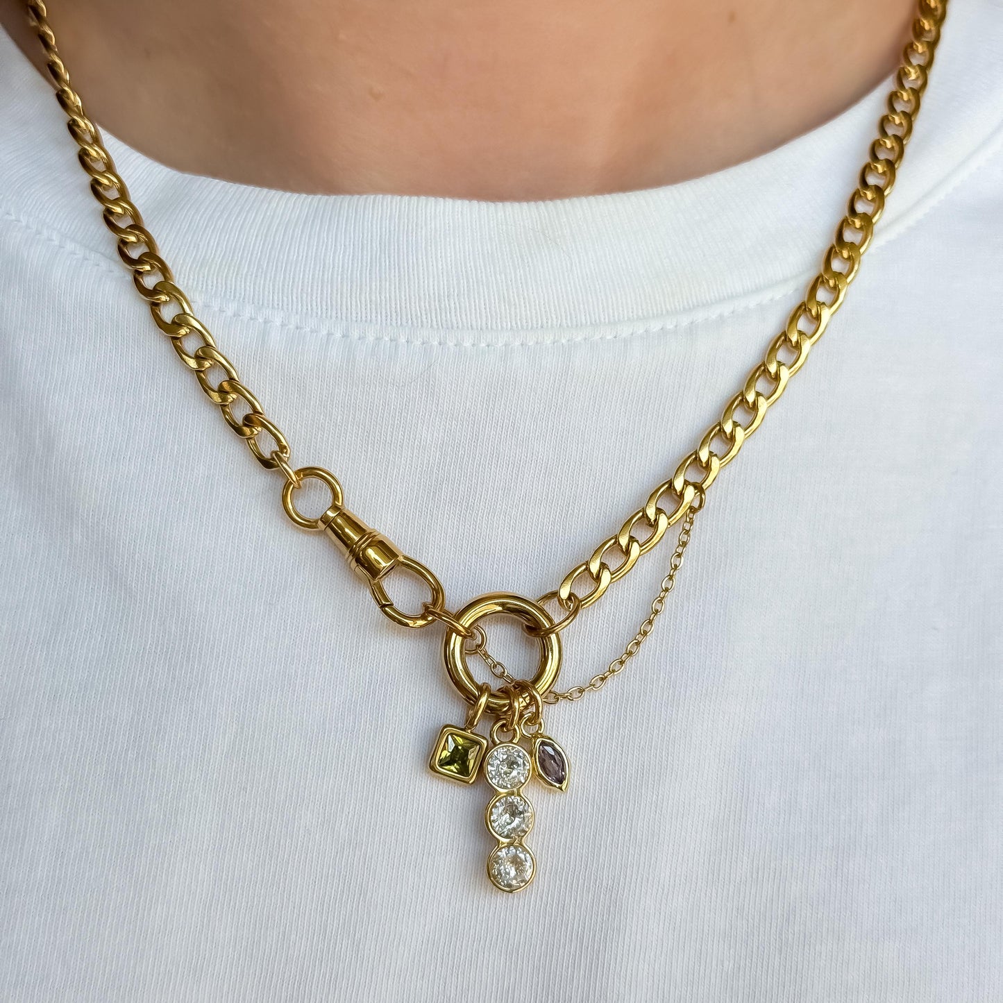 18k Gold Vintage-Style Charm Necklace – Gold Curb Chain with Green Gemstone, Purple Diamond & Crystal Trio Charms