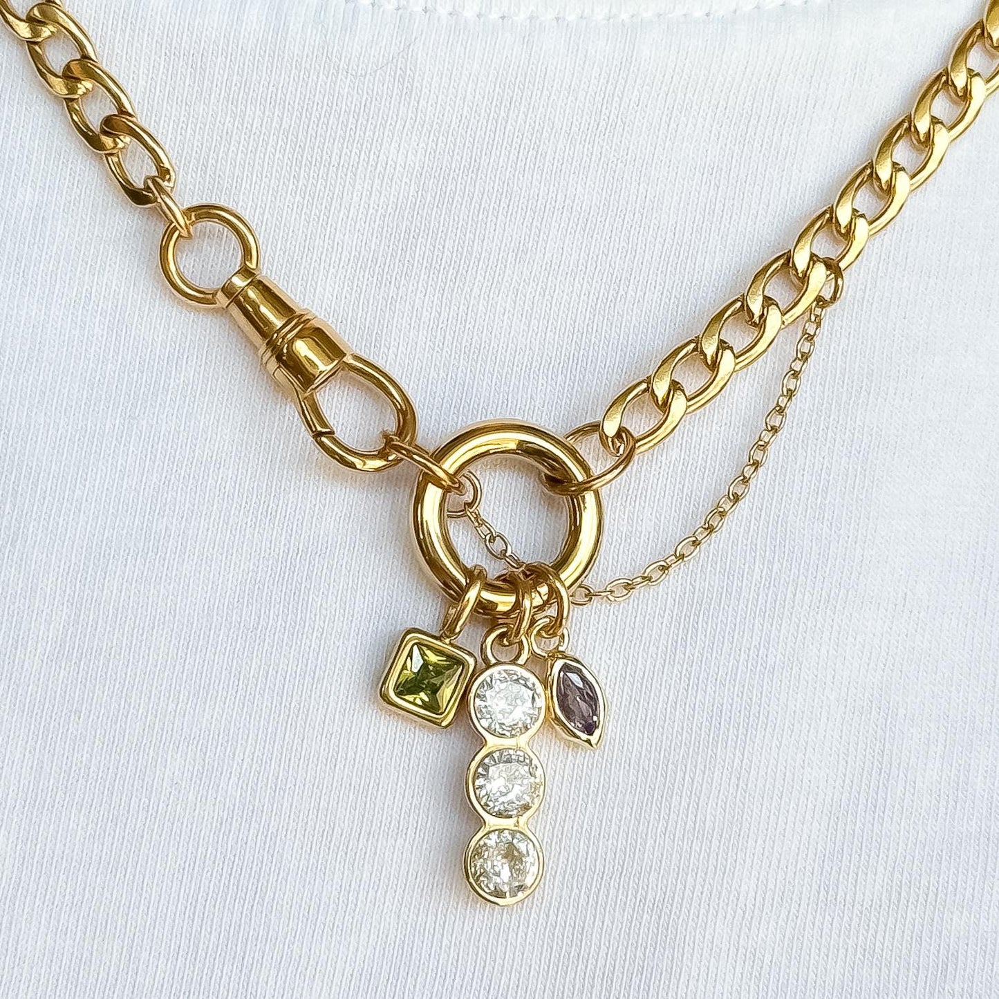 18k Gold Vintage-Style Charm Necklace – Gold Curb Chain with Green Gemstone, Purple Diamond & Crystal Trio Charms