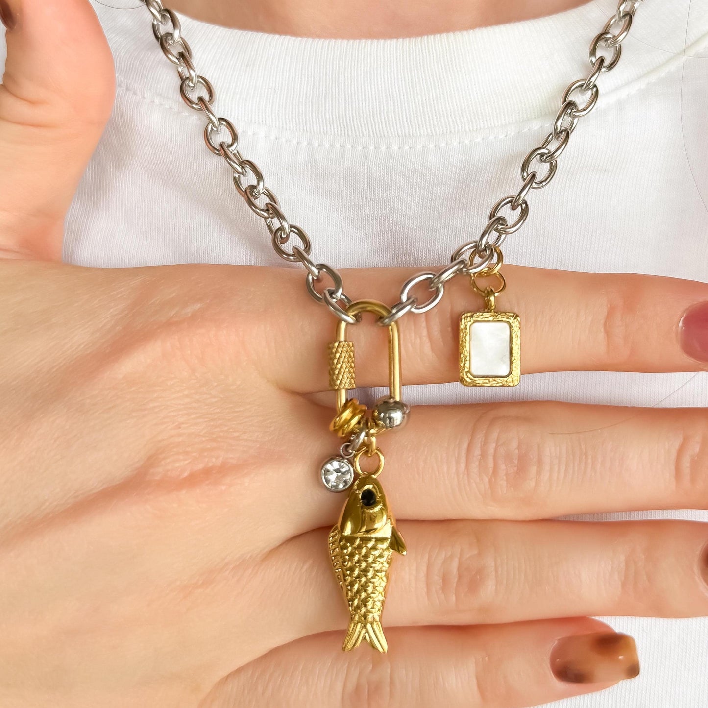 Mixed Metal Charm Necklace – Two Tone Fish Charm, Gold Crystal Accent & Mother of Pearl Charm