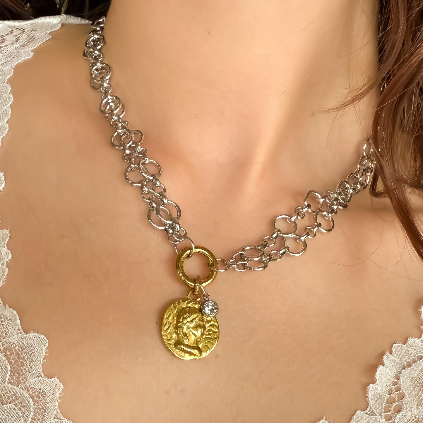 Mixed Metal Cameo Coin & CZ Necklace - Two Tone Double Layer Circle Chain