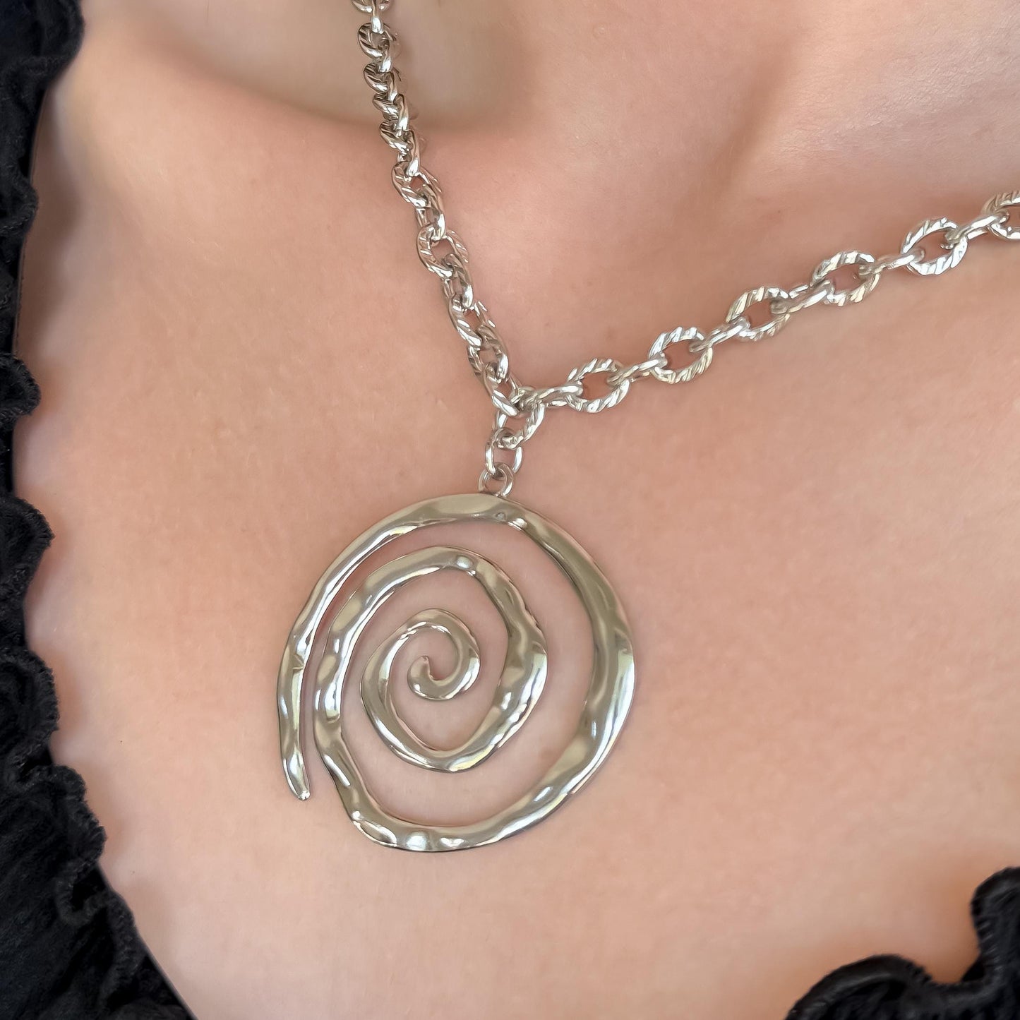 Swirl Pendant Necklace – Whimsical Silver Steel Hammered Statement Pendant