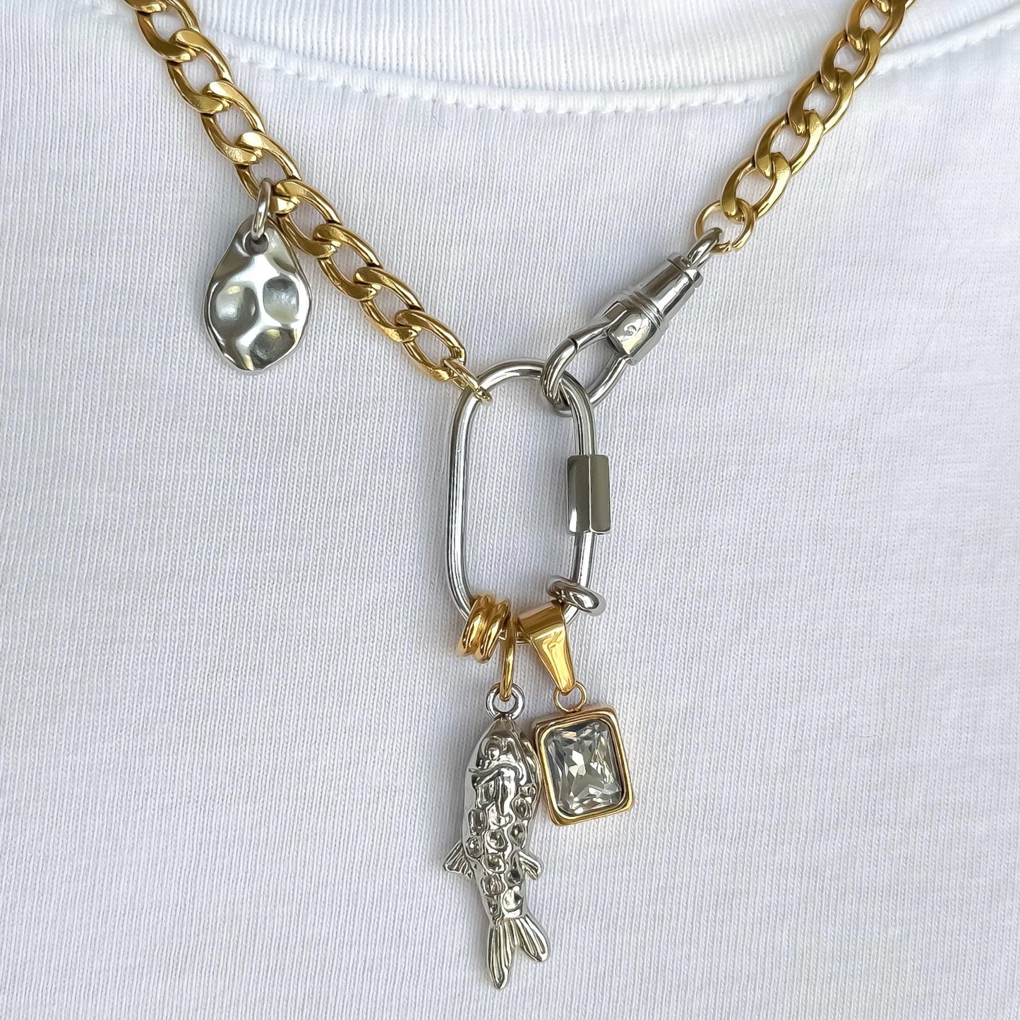 Mixed Metal Charm Necklace – Two Tone Fish Charm, Gold Crystal Accent & Abstract Hammered Detail