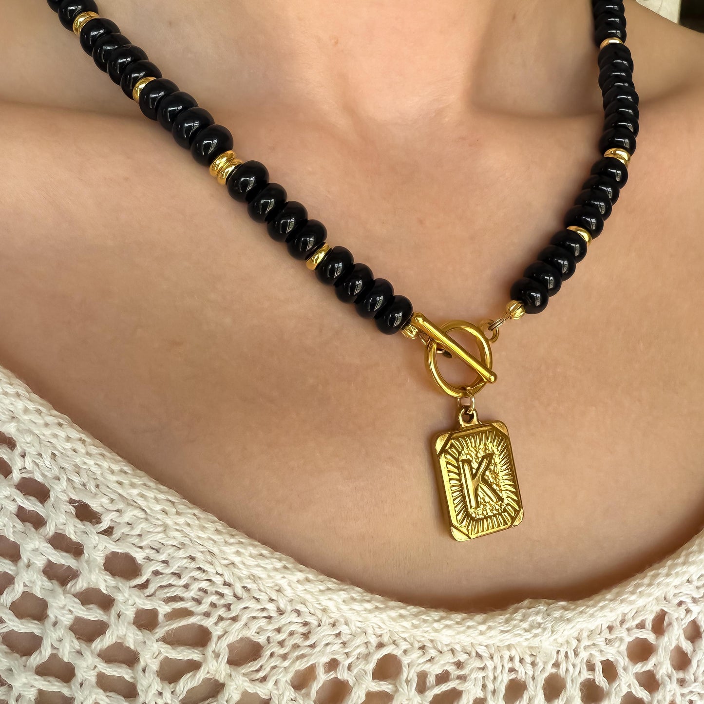 Dark Blue Beaded Initial Necklace – 18k Gold or Silver & Jade, Toggle Clasp Vintage Charm