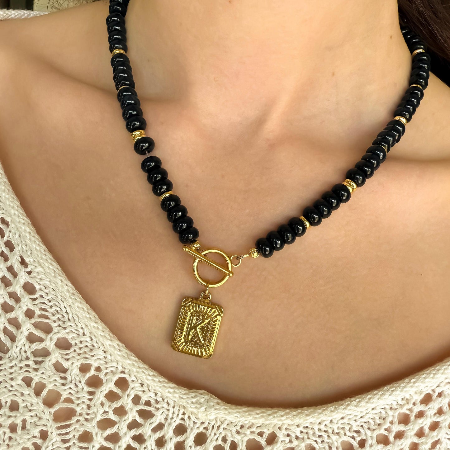 Dark Blue Beaded Initial Necklace – 18k Gold or Silver & Jade, Toggle Clasp Vintage Charm