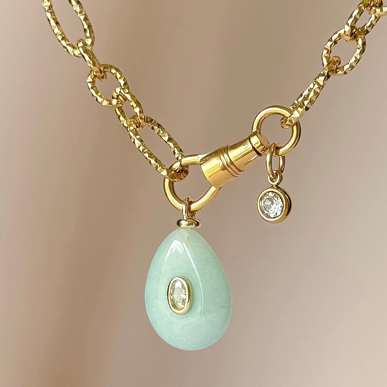 Amazonite Drop Pendant Necklace – 18k Gold Hammered Chain with Gemstone & CZ Crystal Accents