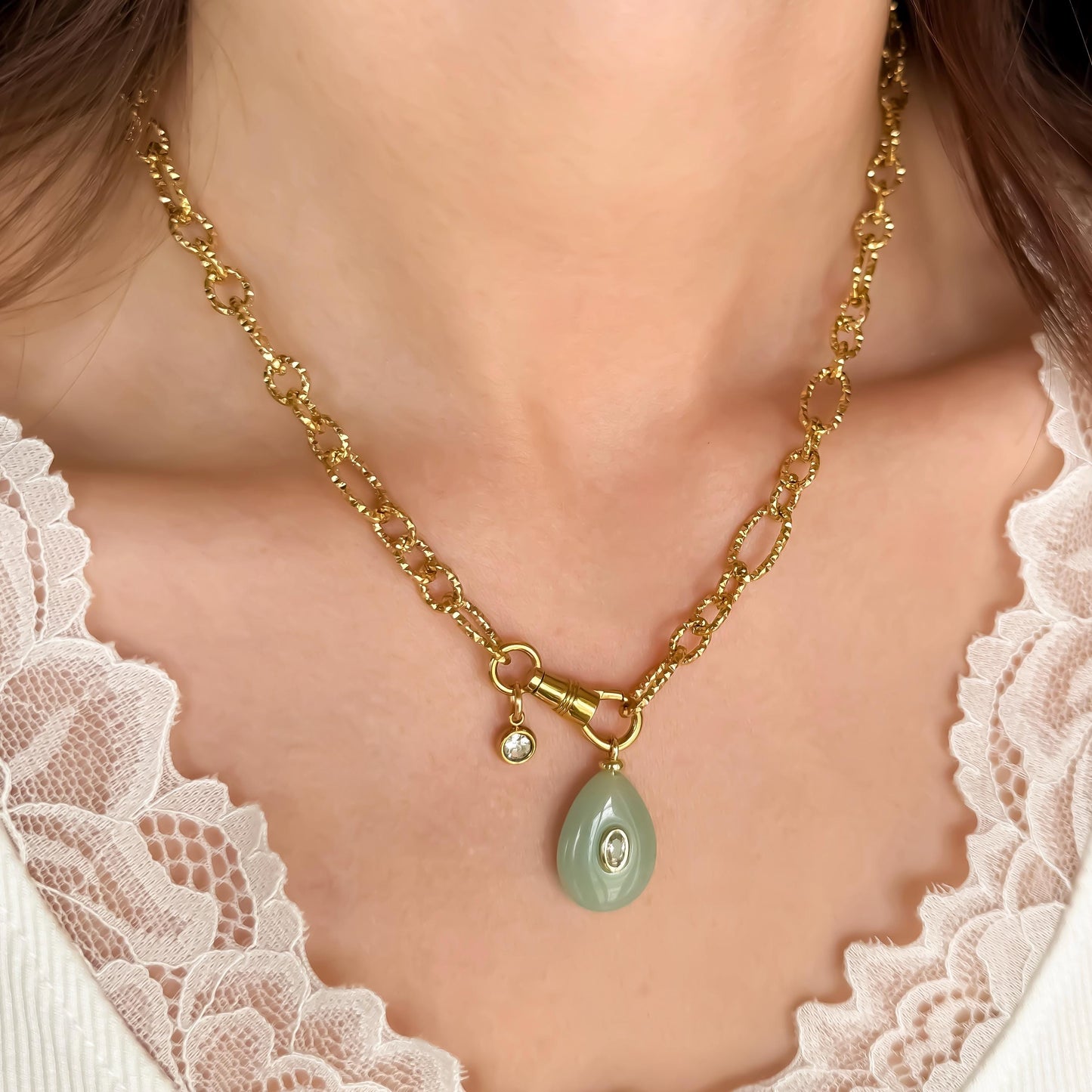 Amazonite Drop Pendant Necklace – 18k Gold Hammered Chain with Gemstone & CZ Crystal Accents
