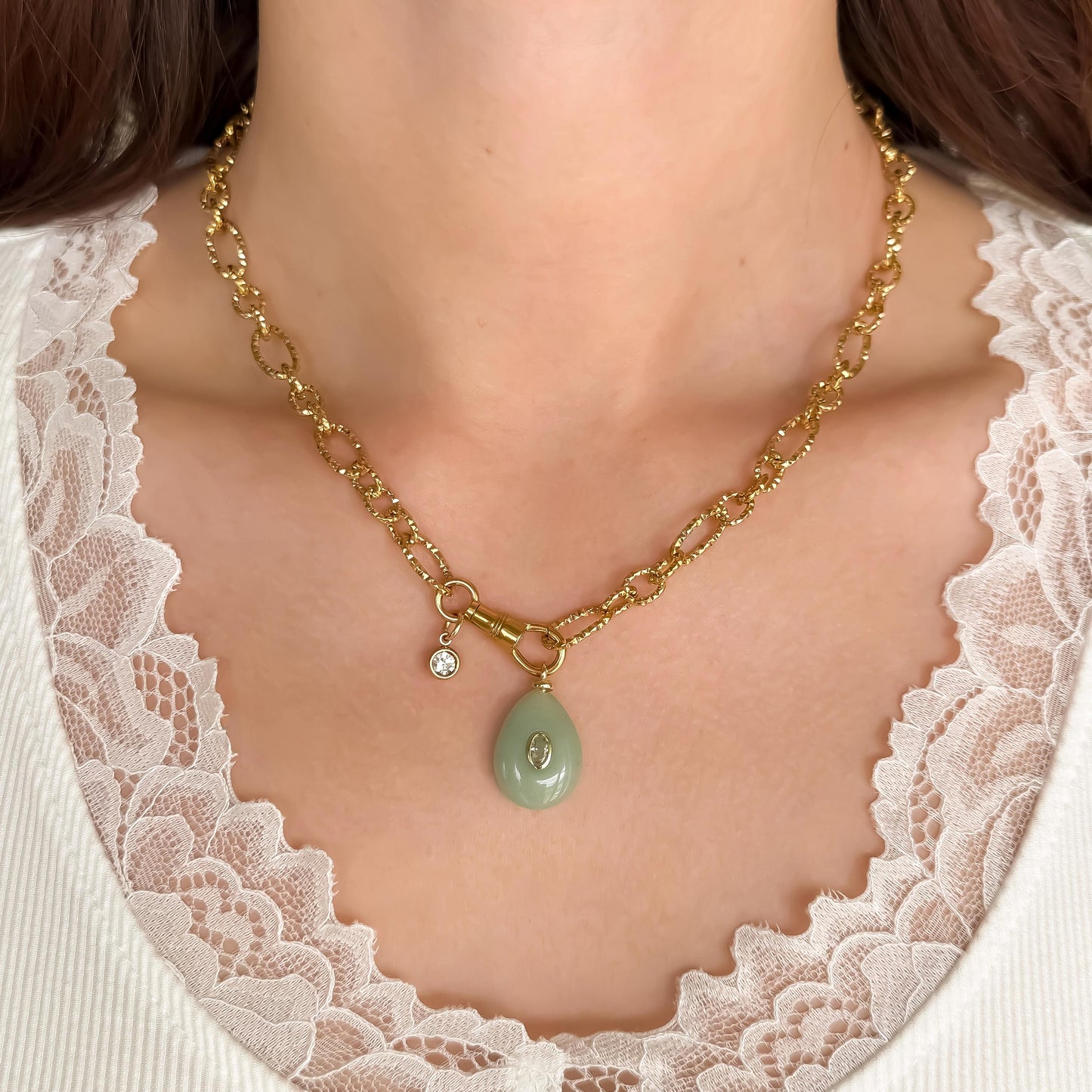 Amazonite Drop Pendant Necklace – 18k Gold Hammered Chain with Gemstone & CZ Crystal Accents