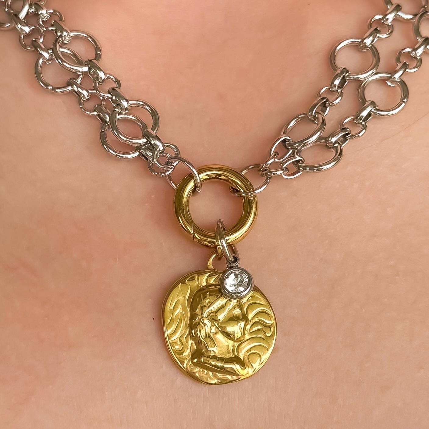 Mixed Metal Cameo Coin & CZ Necklace - Two Tone Double Layer Circle Chain