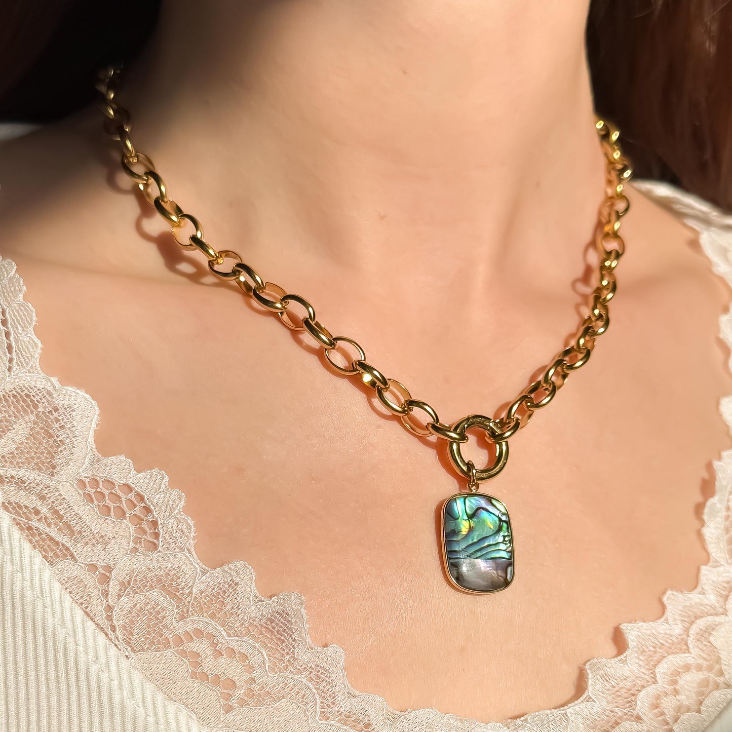 Abalone Shell Pendant Necklace - 18k Gold or Silver Stainless Steel Coastal Siren Necklace