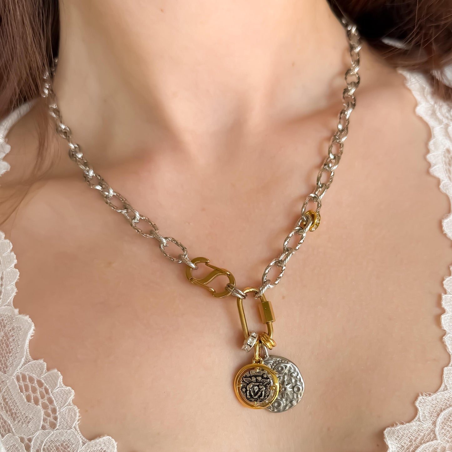Mixed Metal Coin Charm Necklace - Two Tone Vintage Style Charms